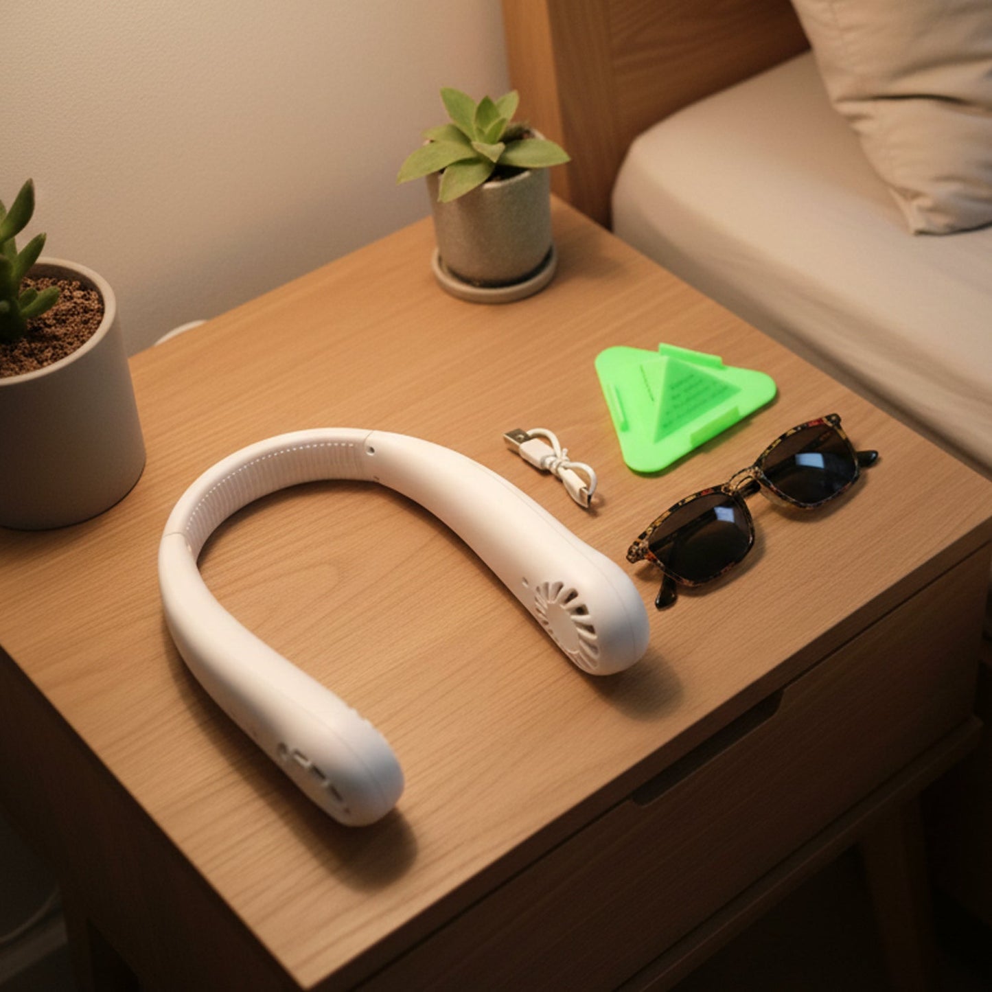 Wearable neck fan as part of travel essentials combo set
