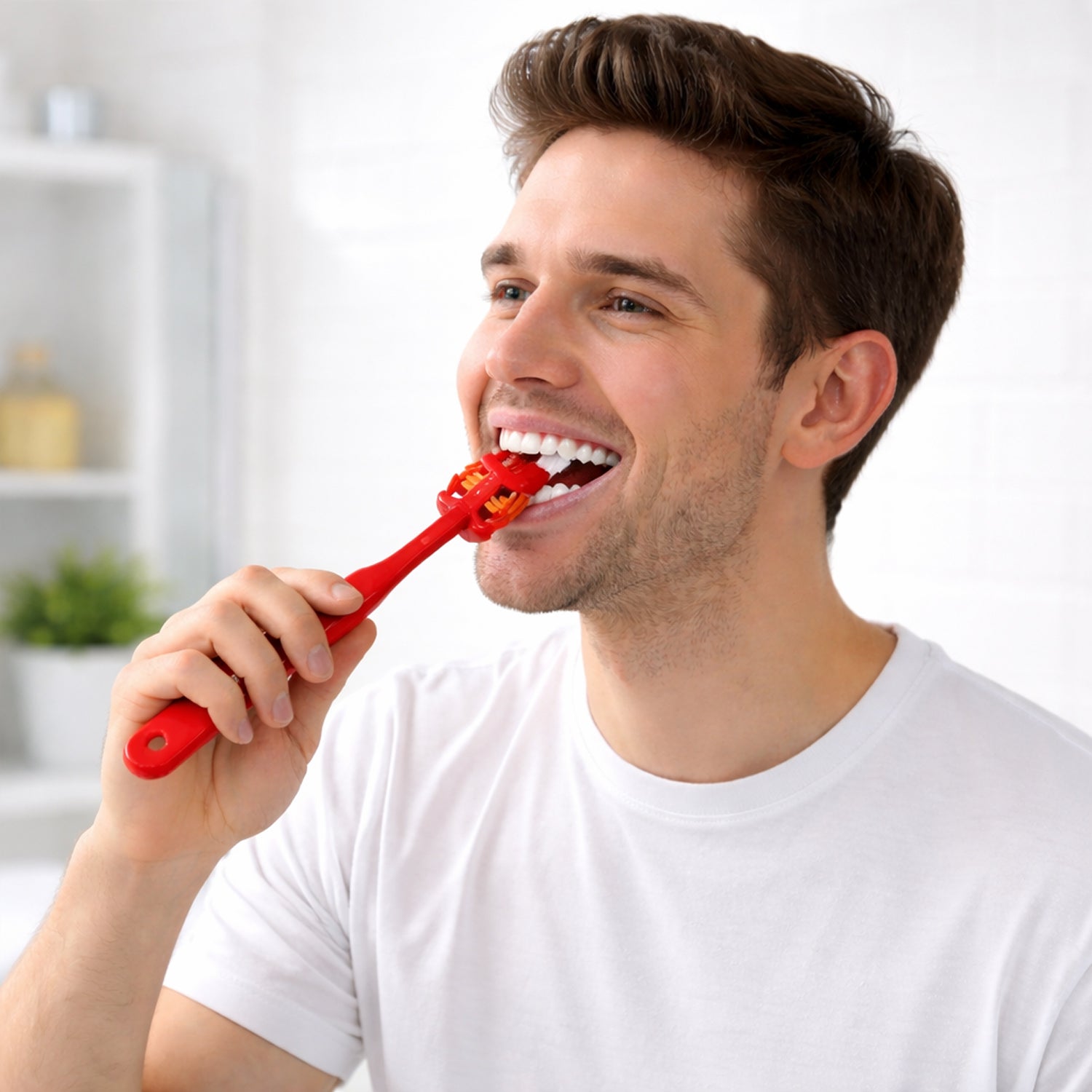 Angled view of the innovative Six-Sided Toothbrush, designed for comprehensive oral care.