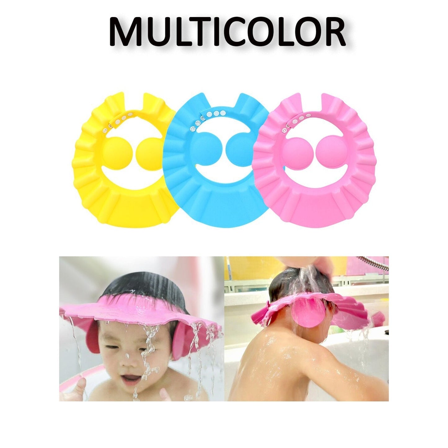 Side view of a baby shower cap, showing its soft material and adjustable head band