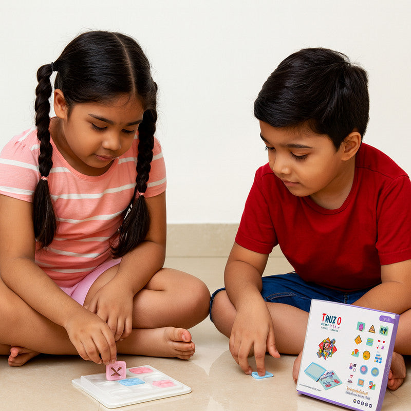 Kids playing educational Tic Tac Toe board game set