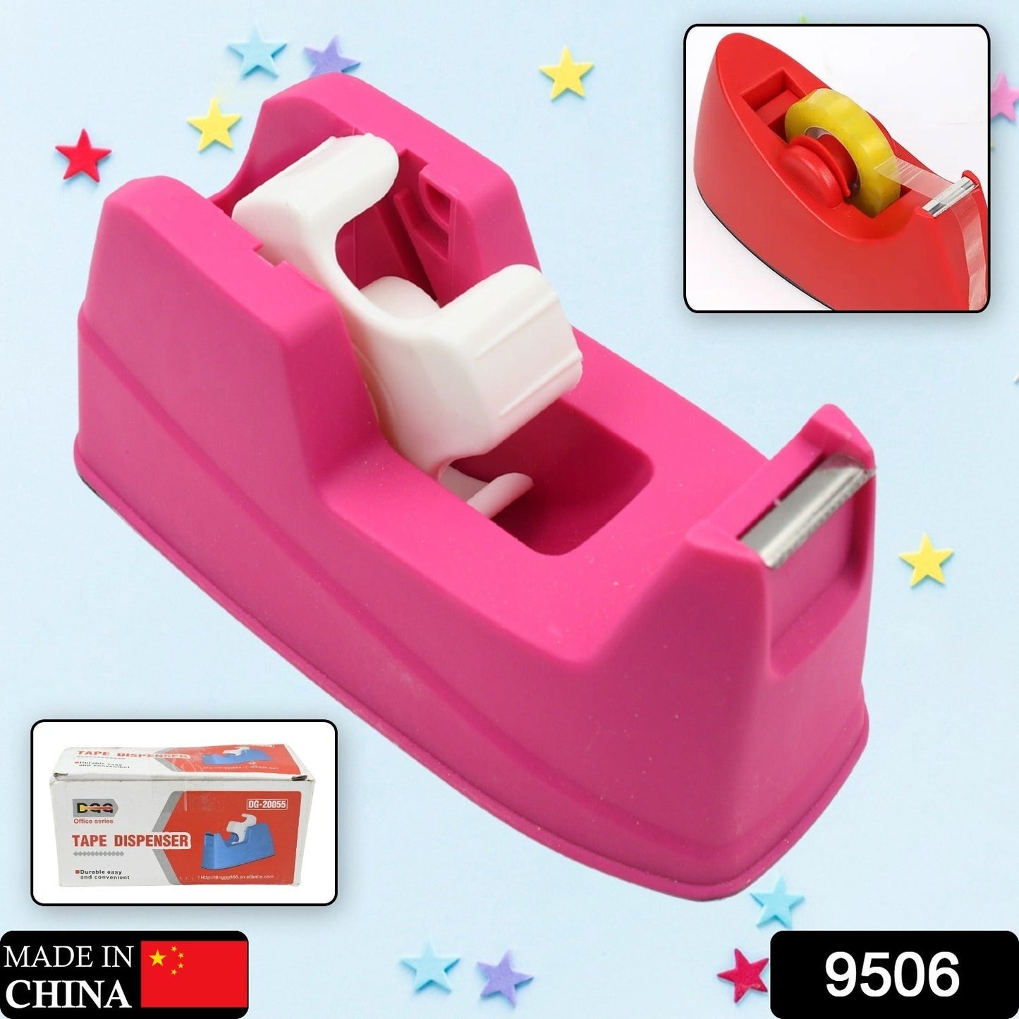 Side view of the heavy-duty tape dispenser with a packaging tape roll.