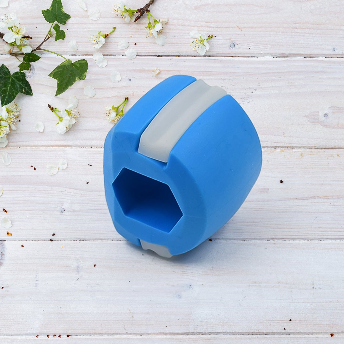 A hand holding the blue Jawline Exerciser, demonstrating its portable size.