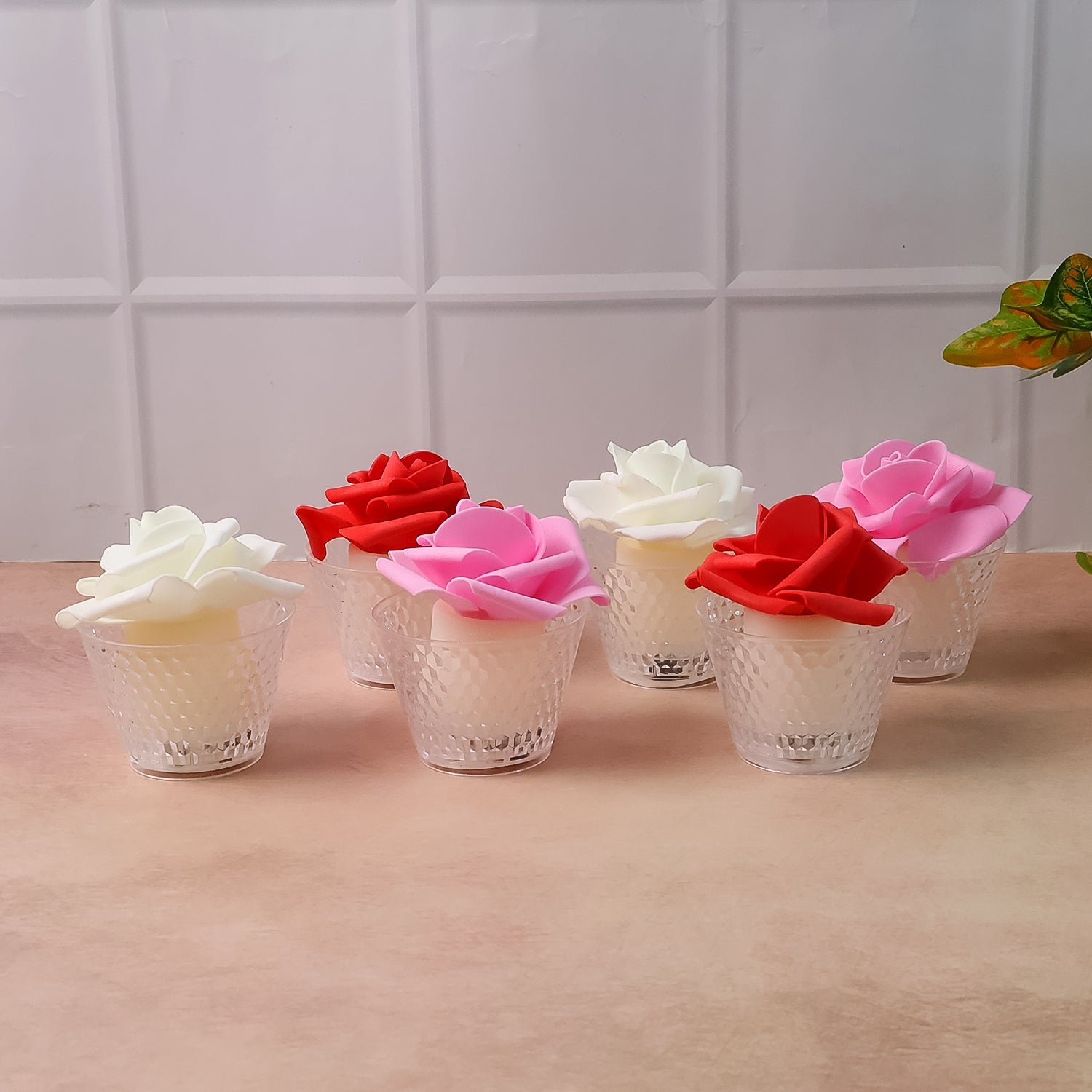 Multiple LED rose flower tealight candles lit to create romantic lighting