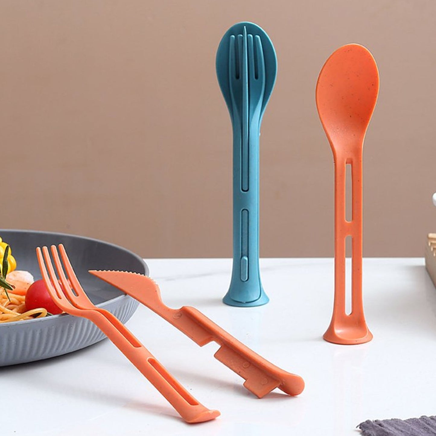 The versatile reusable cutlery set displayed with each utensil separated, ready for use.