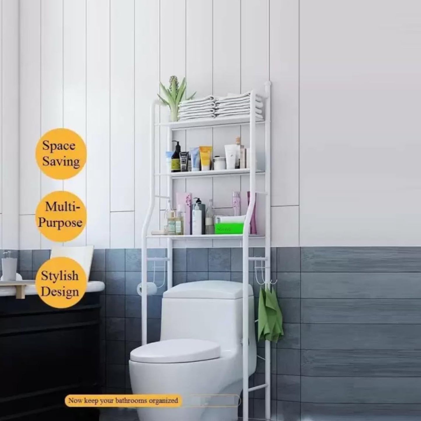 Metal storage rack used next to a wash basin, providing extra space for essentials.