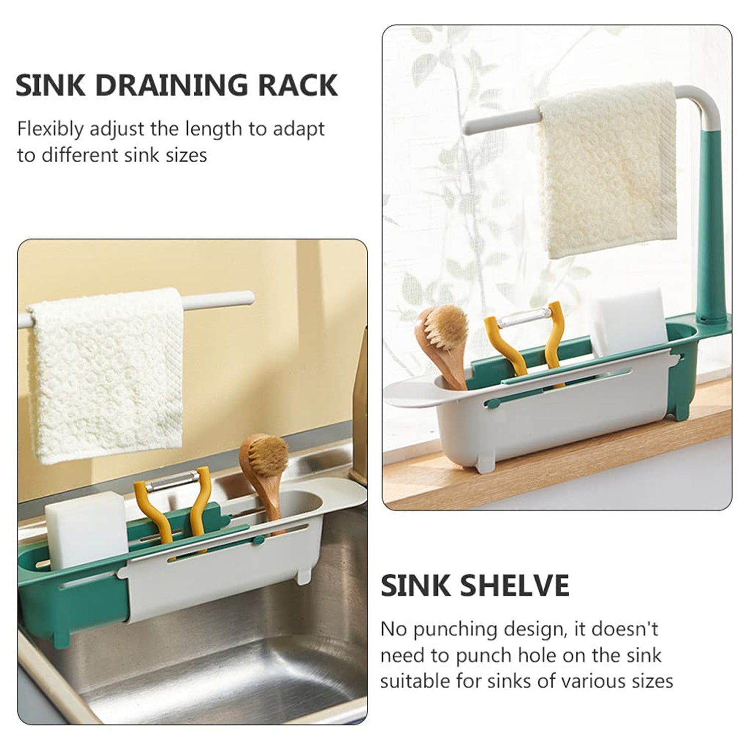 Adjustable kitchen sink organizer holding various utensils and a sponge, ready for efficient drying.
