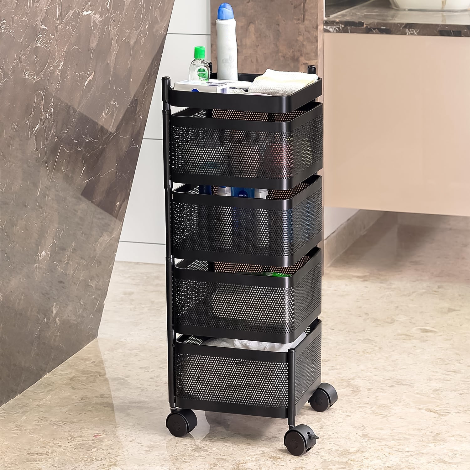 Sturdy metal kitchen trolley equipped with wheels and multiple tiers