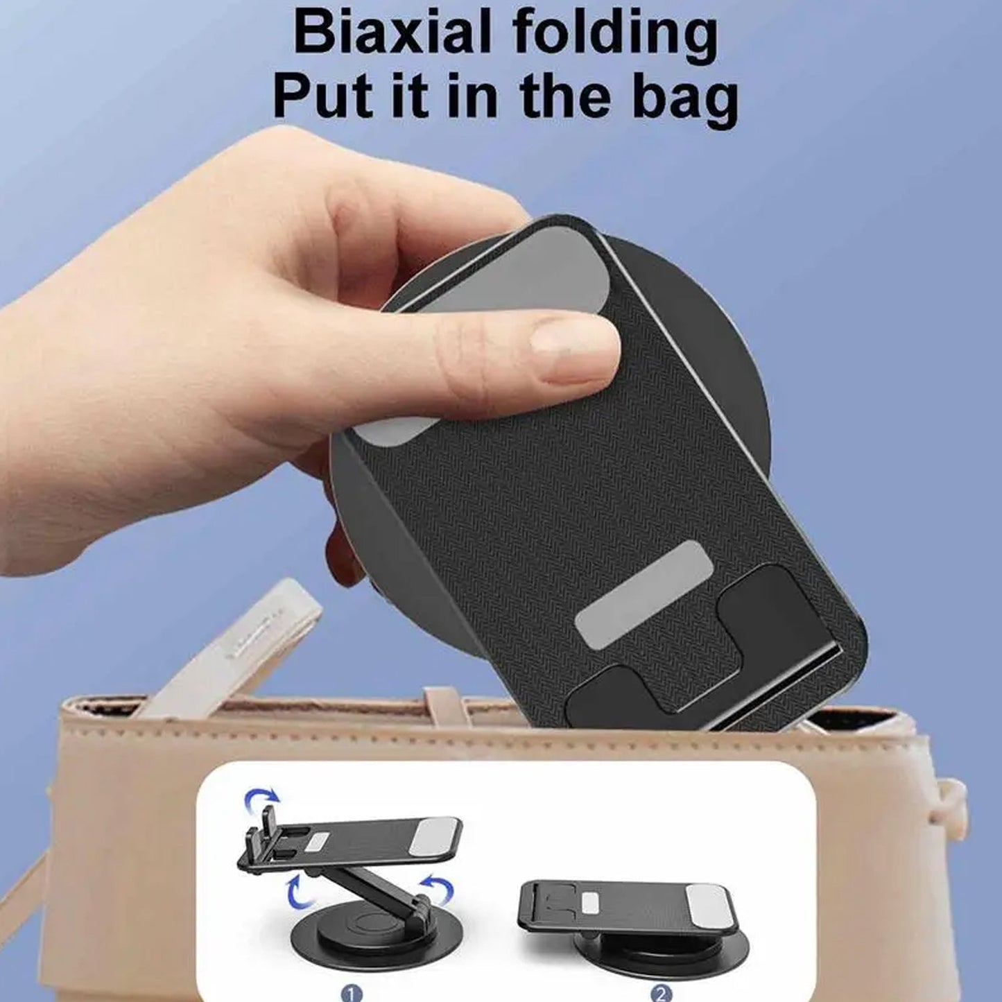 Close-up of the sturdy base and adjustable hinge of the rotating mobile stand, highlighting its robust design.