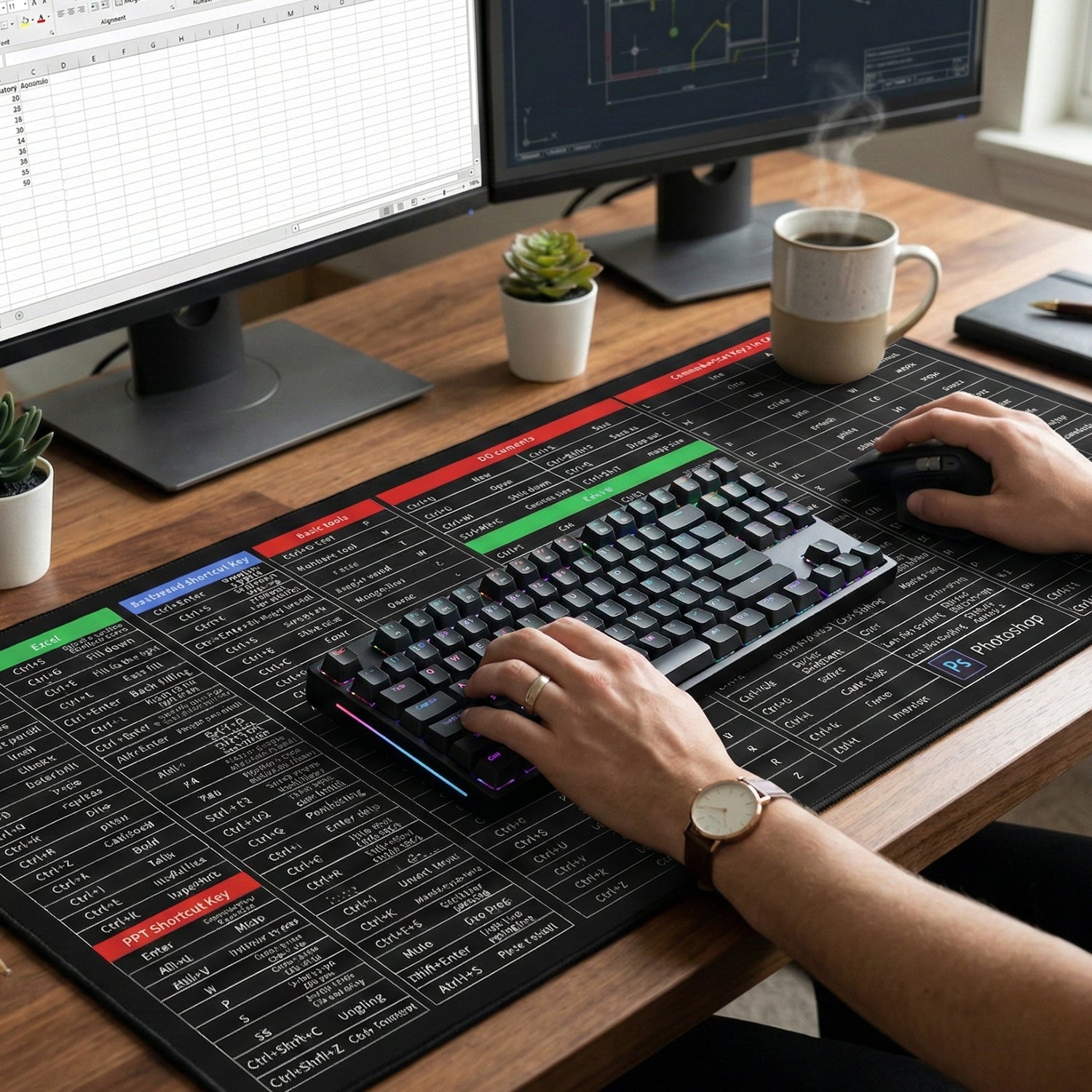 Organized workspace with extended desk mat supporting ergonomic setup