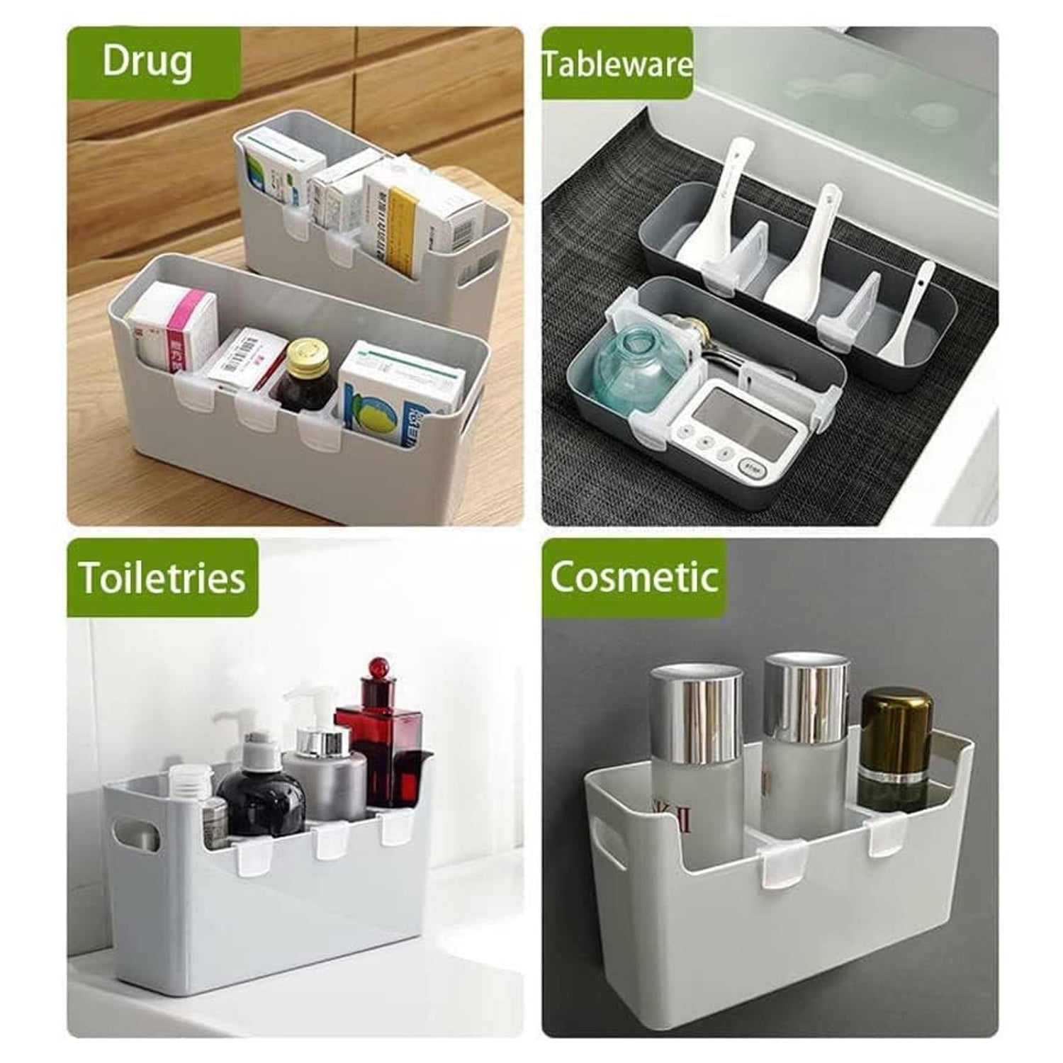 Durable plastic storage baskets for kitchen and pantry neatness
