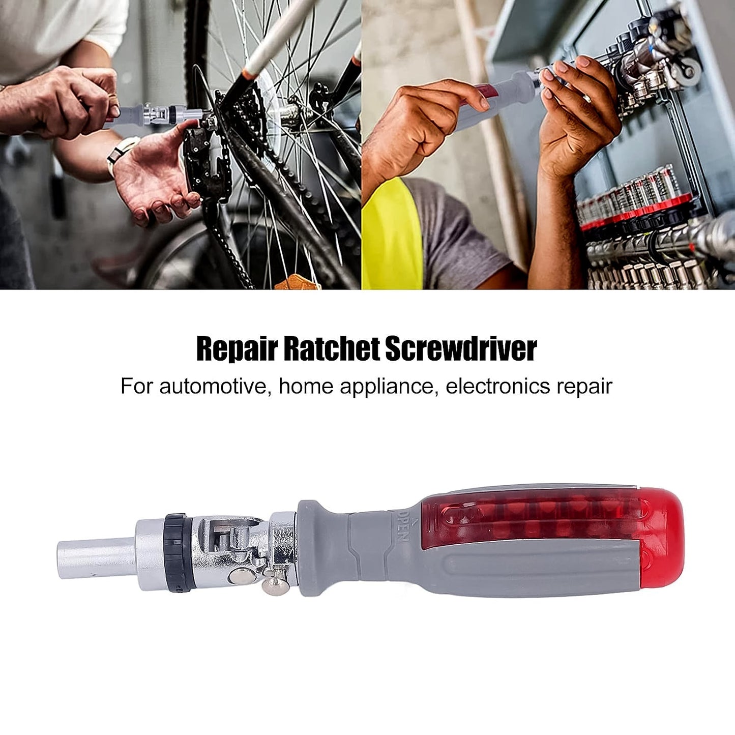 Close-up of the ergonomic anti-slip ABS handle of the BoltForce ratchet screwdriver.