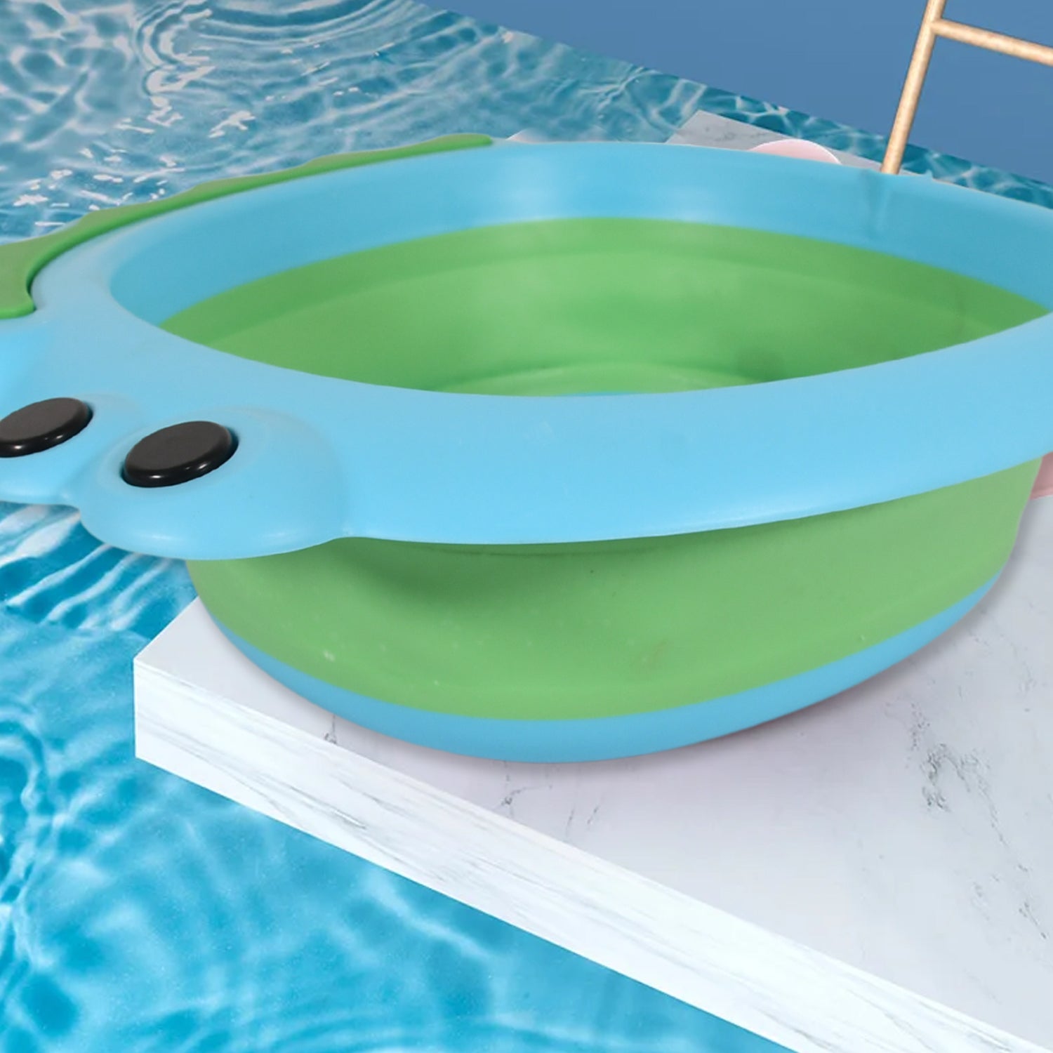 The foldable baby wash basin completely collapsed for maximum space-saving storage.