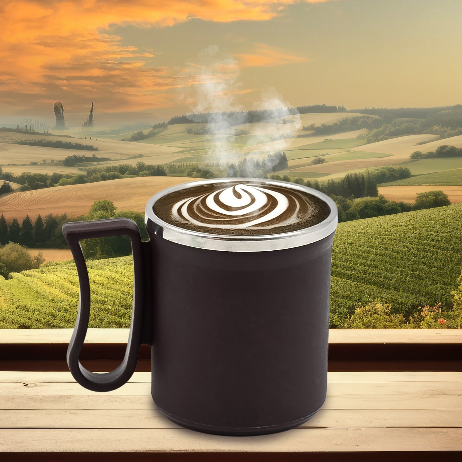 The durable travel coffee mug displayed from an angle, emphasizing its sturdy construction.