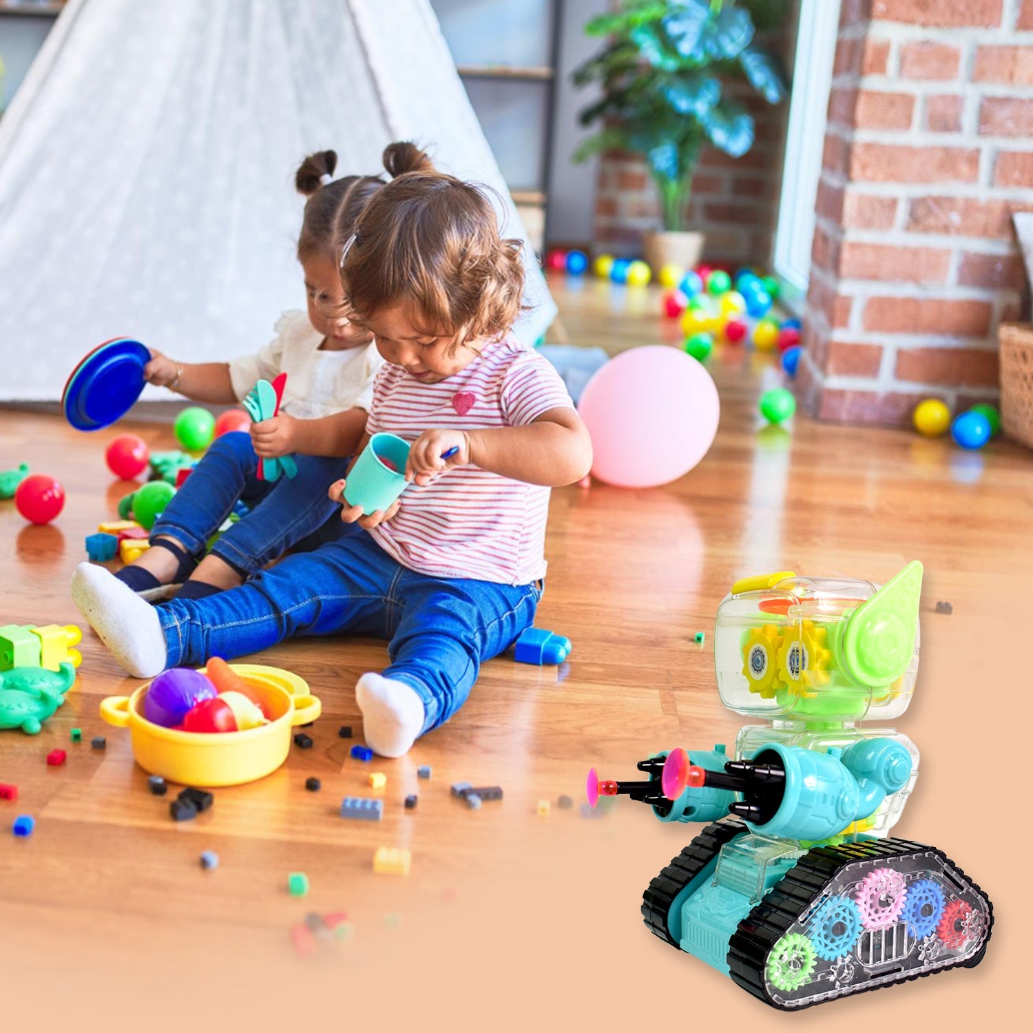 Transparent gear robot car with activated LED lights, moving across a surface, engaging children.