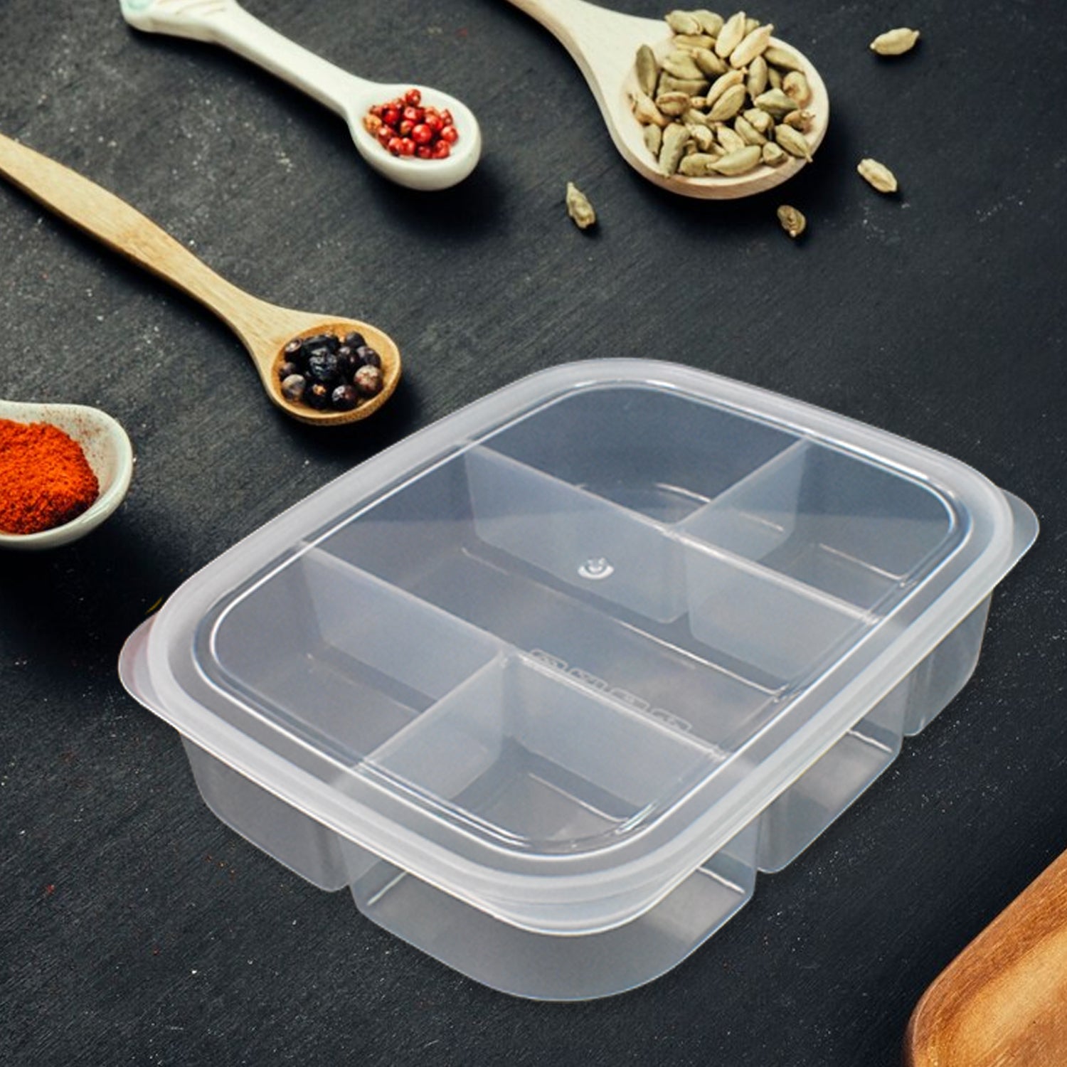 Lunchie Bunchie 5 Compartment Lunch Box filled with healthy Indian snacks and meal items.