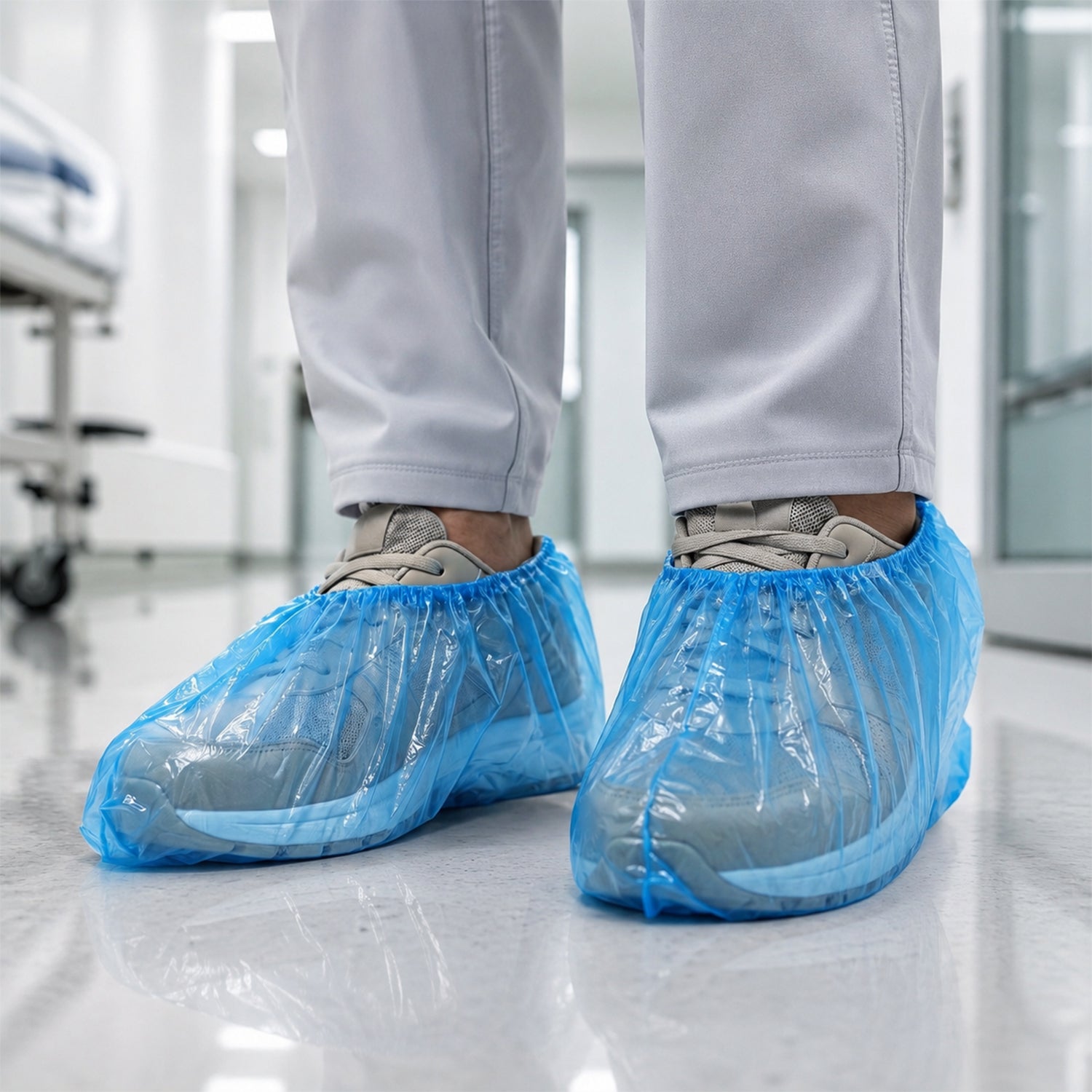 Blue PE disposable shoe covers folded for packing