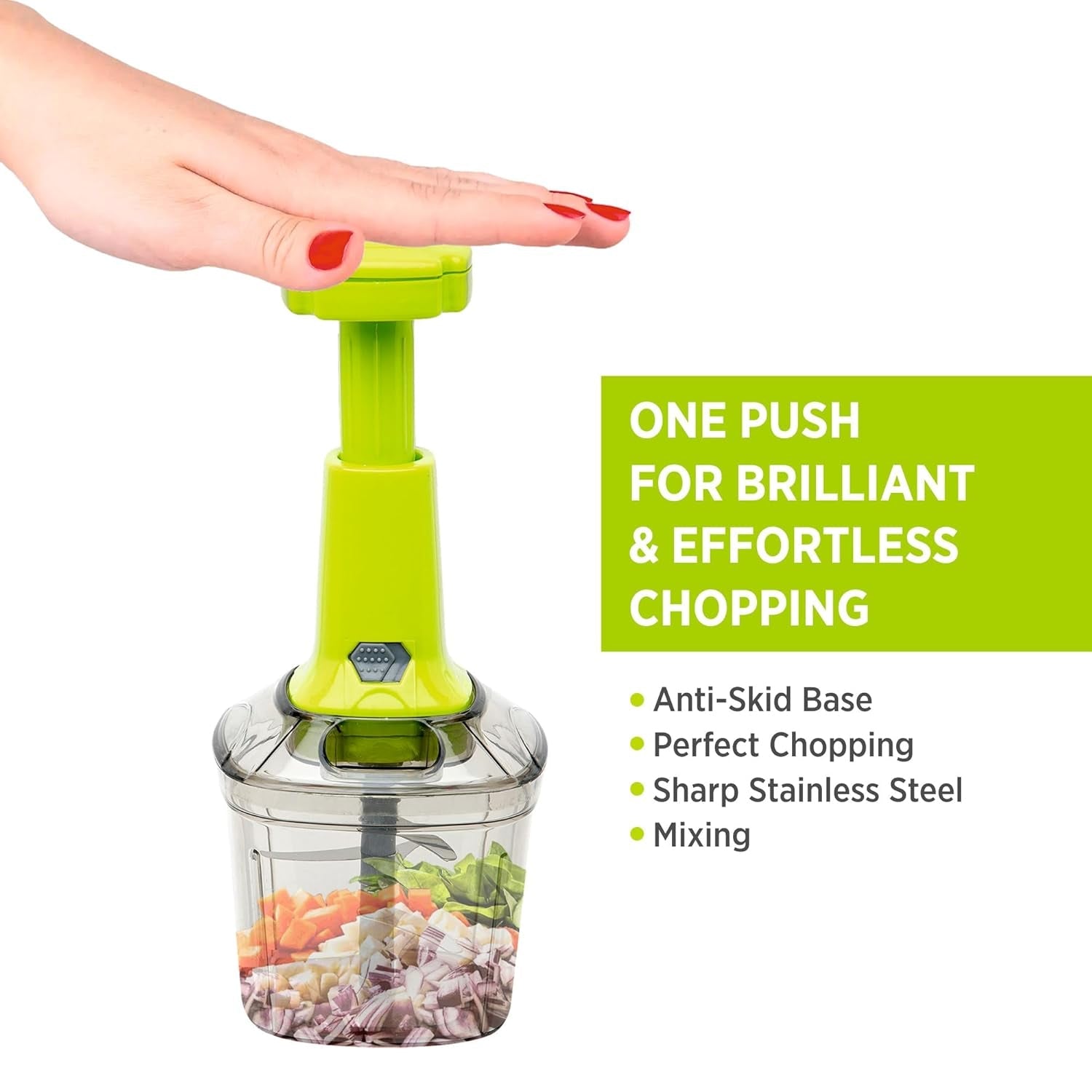 Manual vegetable chopper with a clear bowl, filled with freshly and finely chopped vegetables.