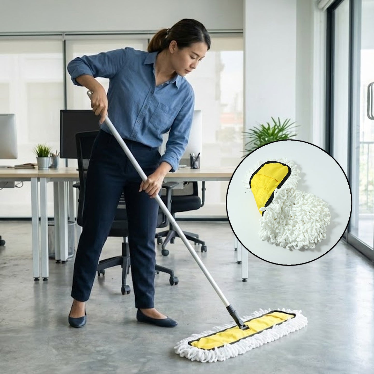 Velvet Wipe mop head refill easily attached to a standard mop handle.