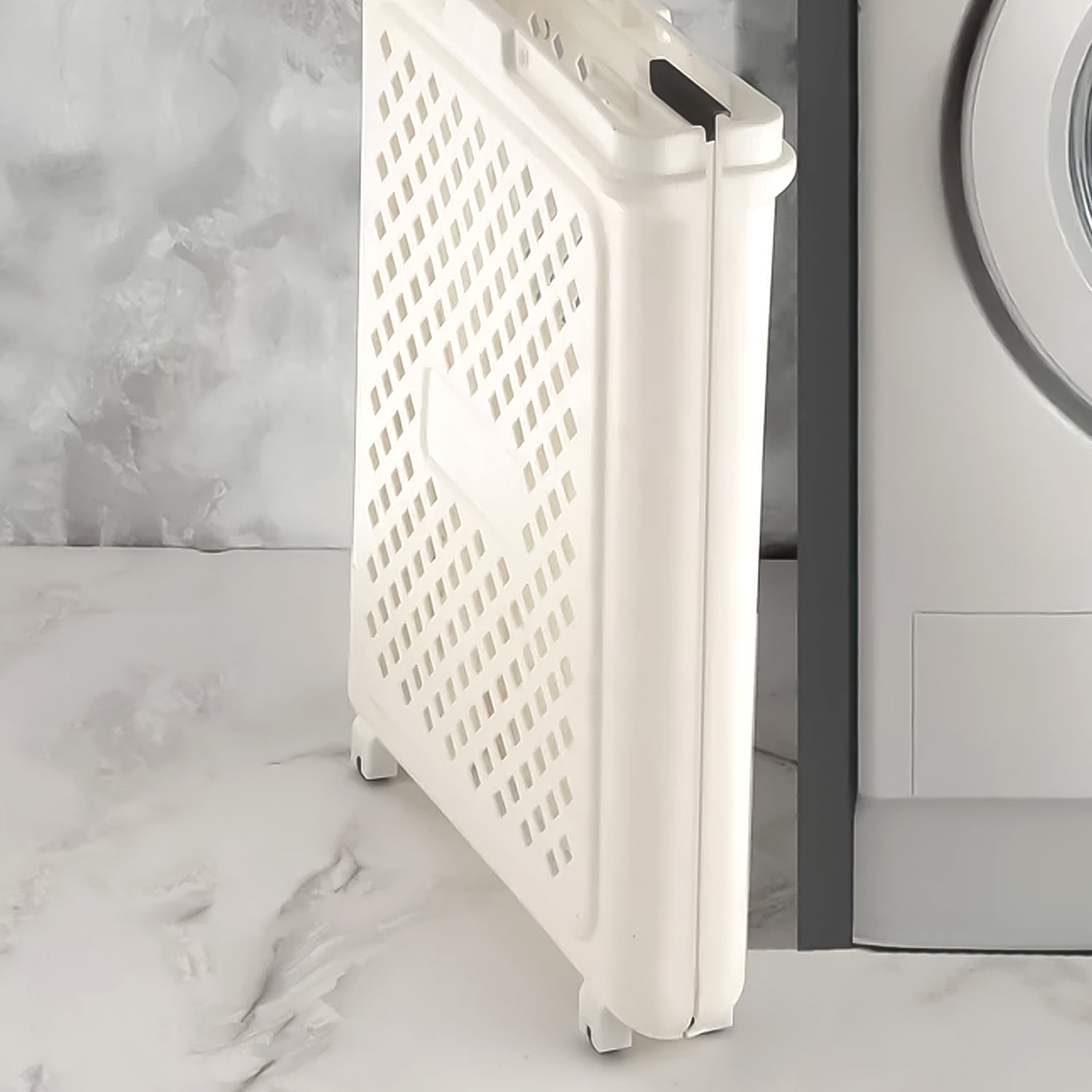 Laundry basket with wheels showcasing size scale and foldable feature