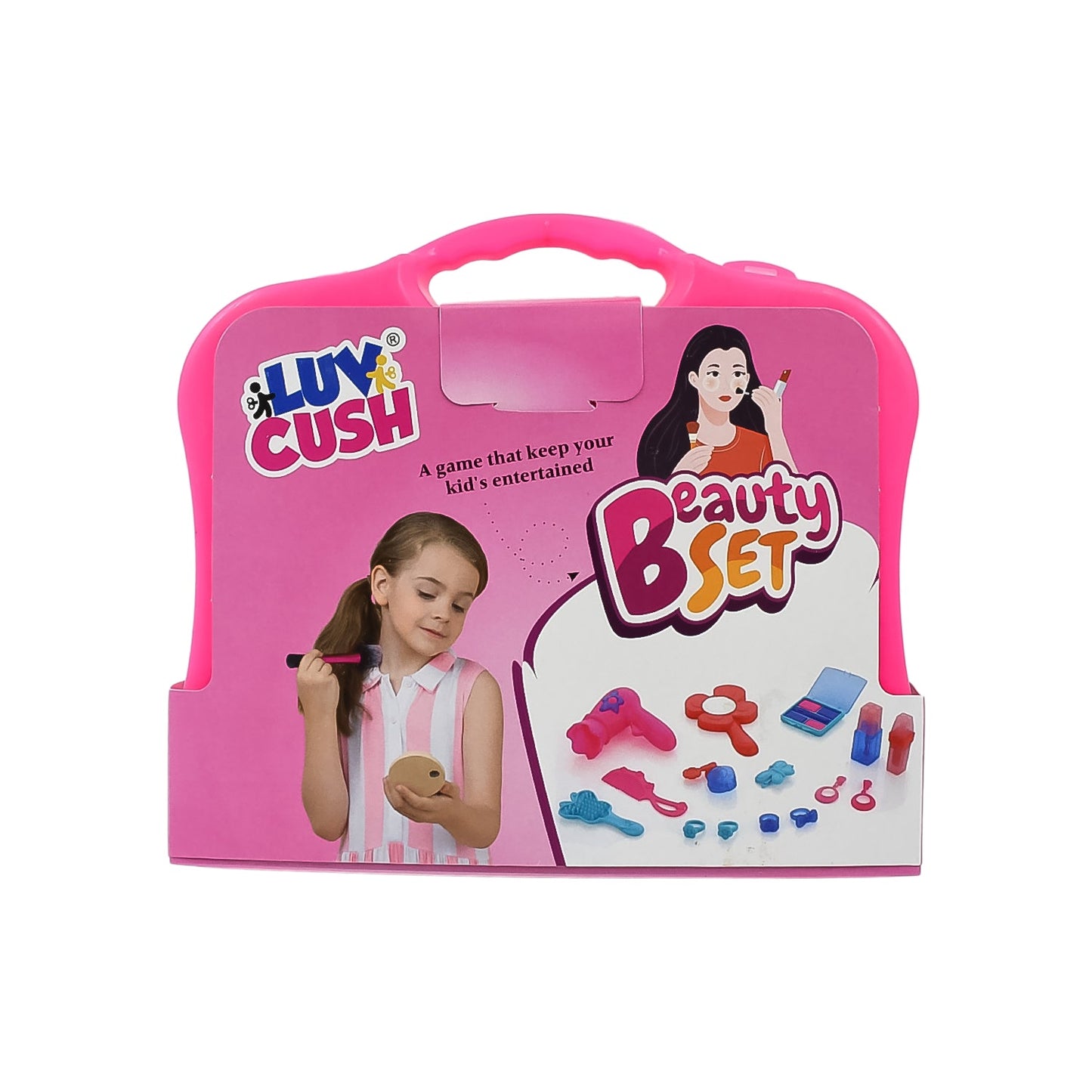Overview of the open Kids Beauty Set, displaying all the fun accessories for role play.