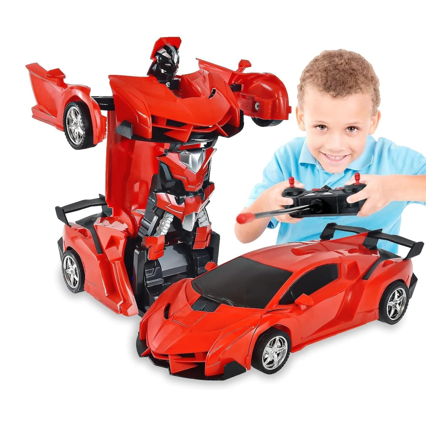 The robot car toy mid-transformation, showcasing its unique conversion feature.