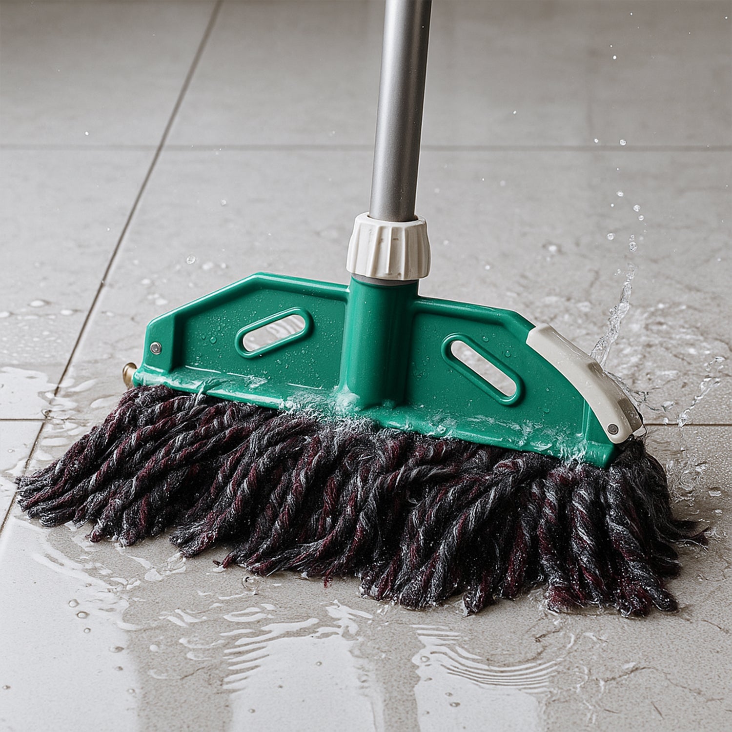 Cotton mop refill attached to sturdy rod for floor cleaning