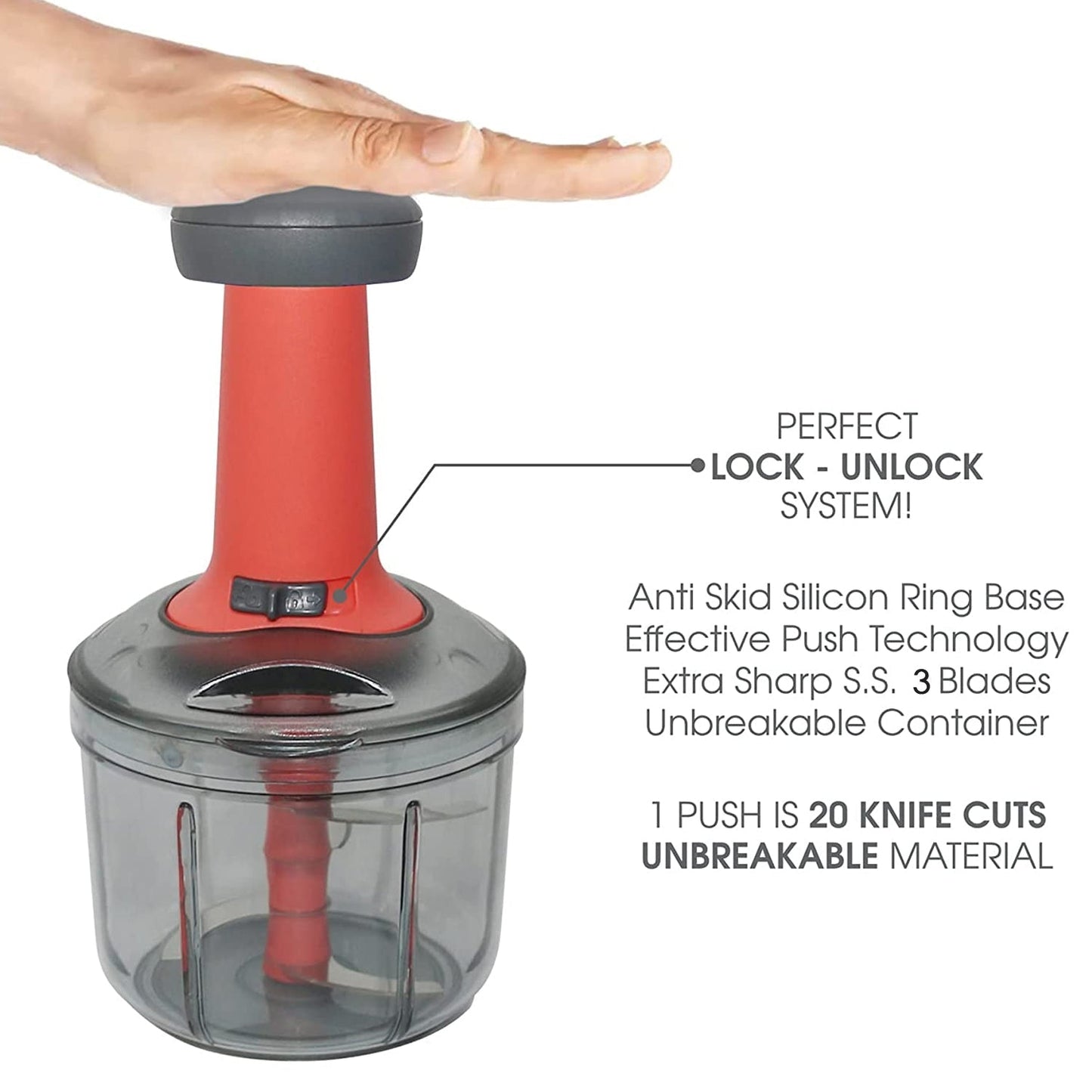 Top-down view of the compact vegetable chopper, highlighting its efficient three-blade mechanism.