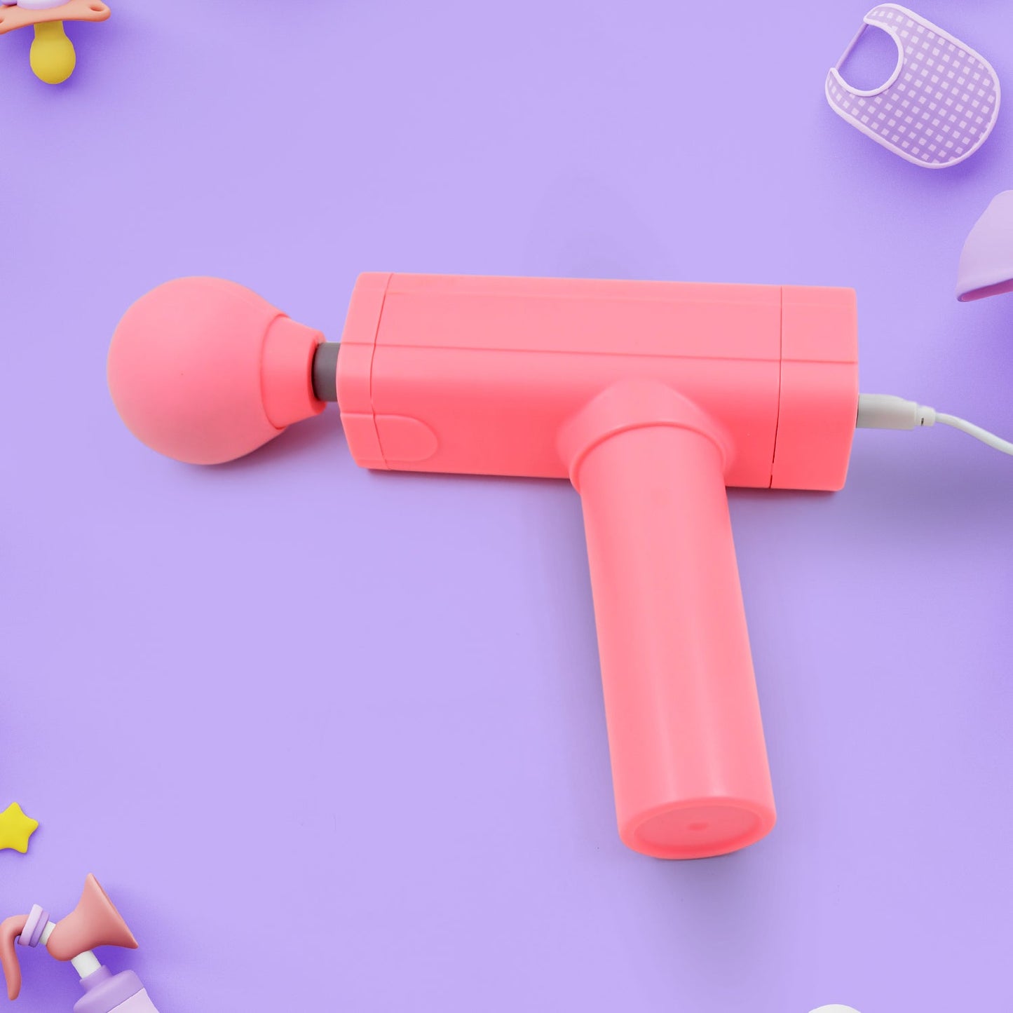 Compact view of the portable massage gun, ideal for travel and easy storage.