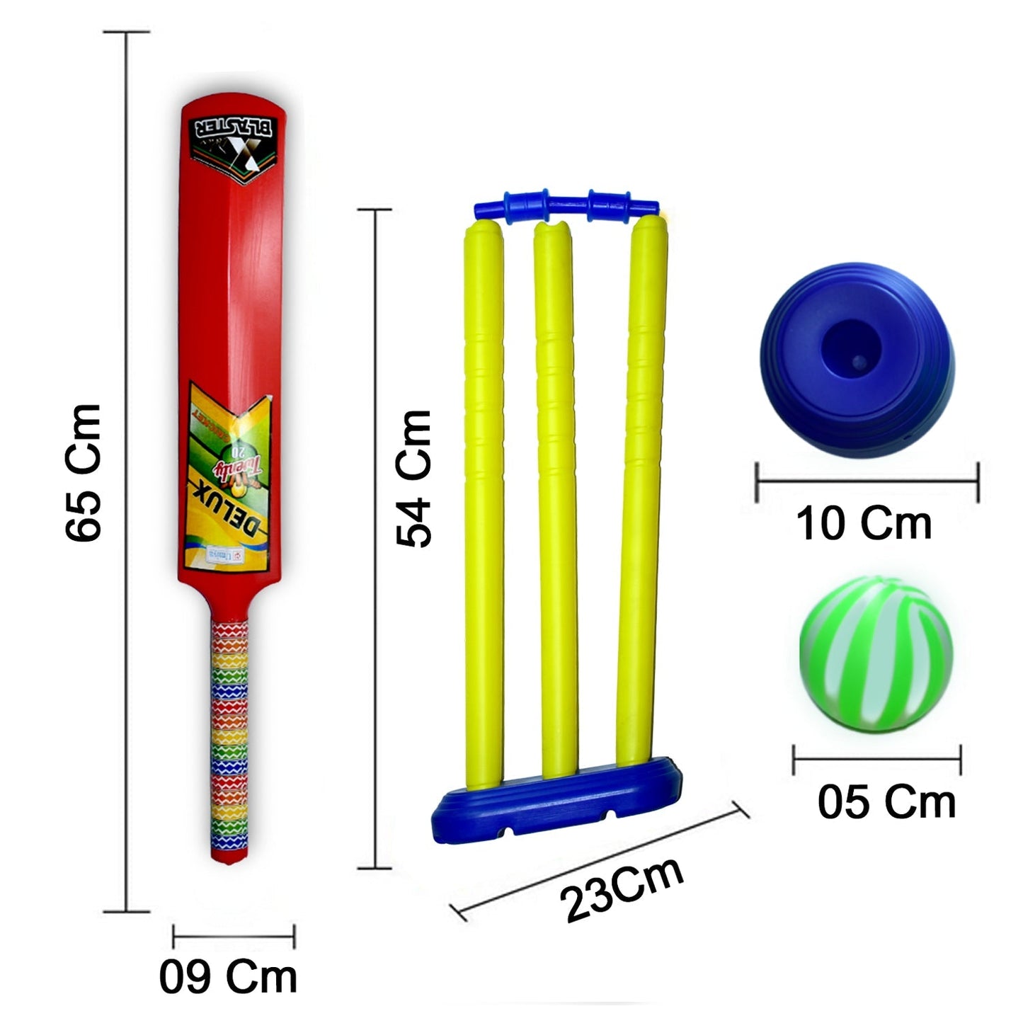 Multiple angles of the plastic cricket set, highlighting its sturdy construction and vibrant design.