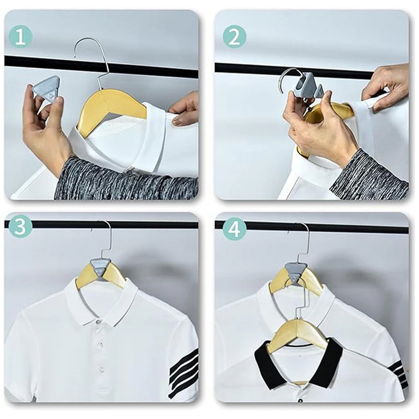 Triangular plastic hanger connectors securing clothes on rack