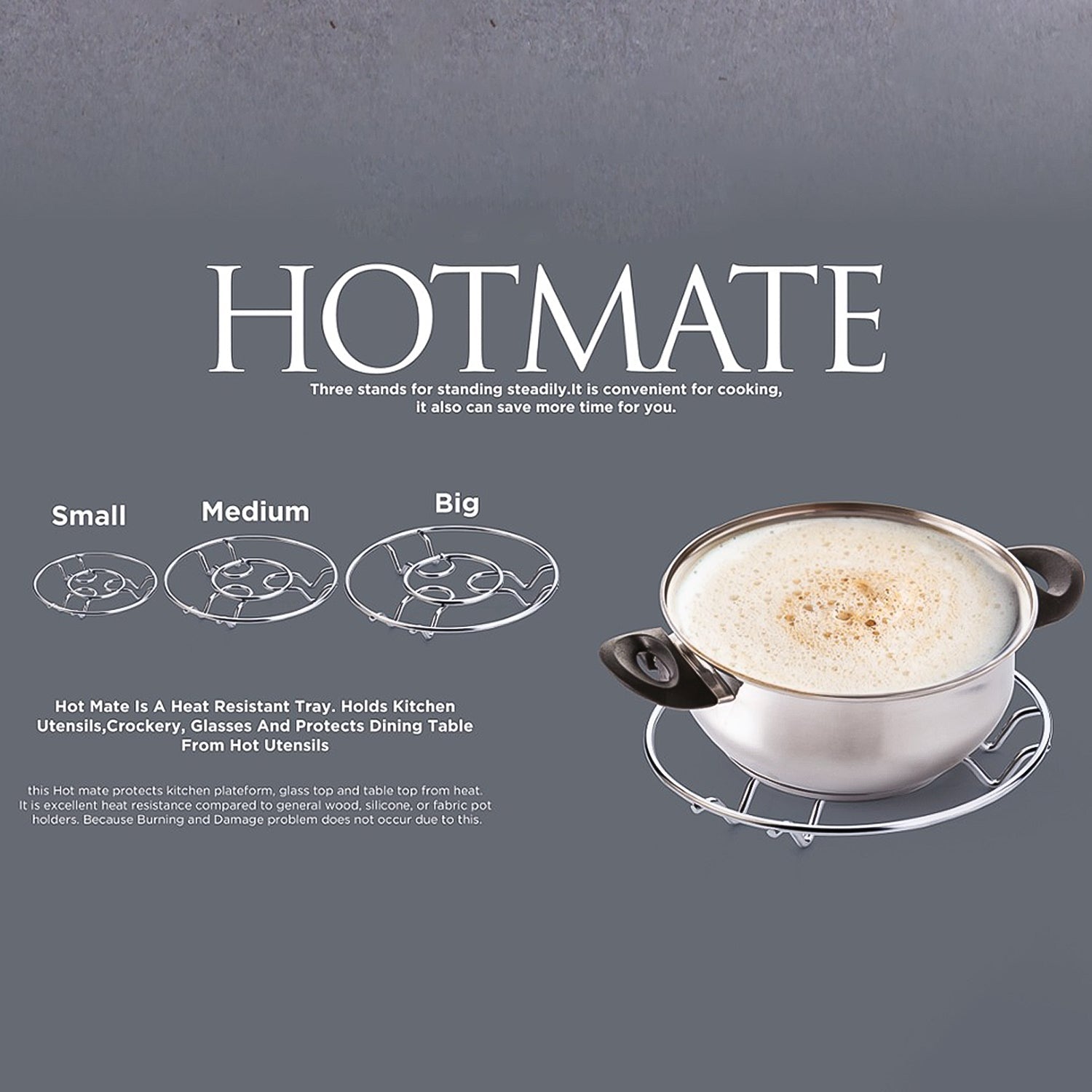 Set of three stacked stainless steel trivets for compact kitchen storage