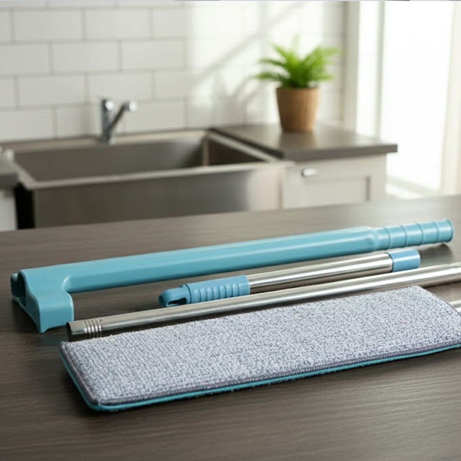 Flat floor cleaning mop reaching under furniture with slim mop head