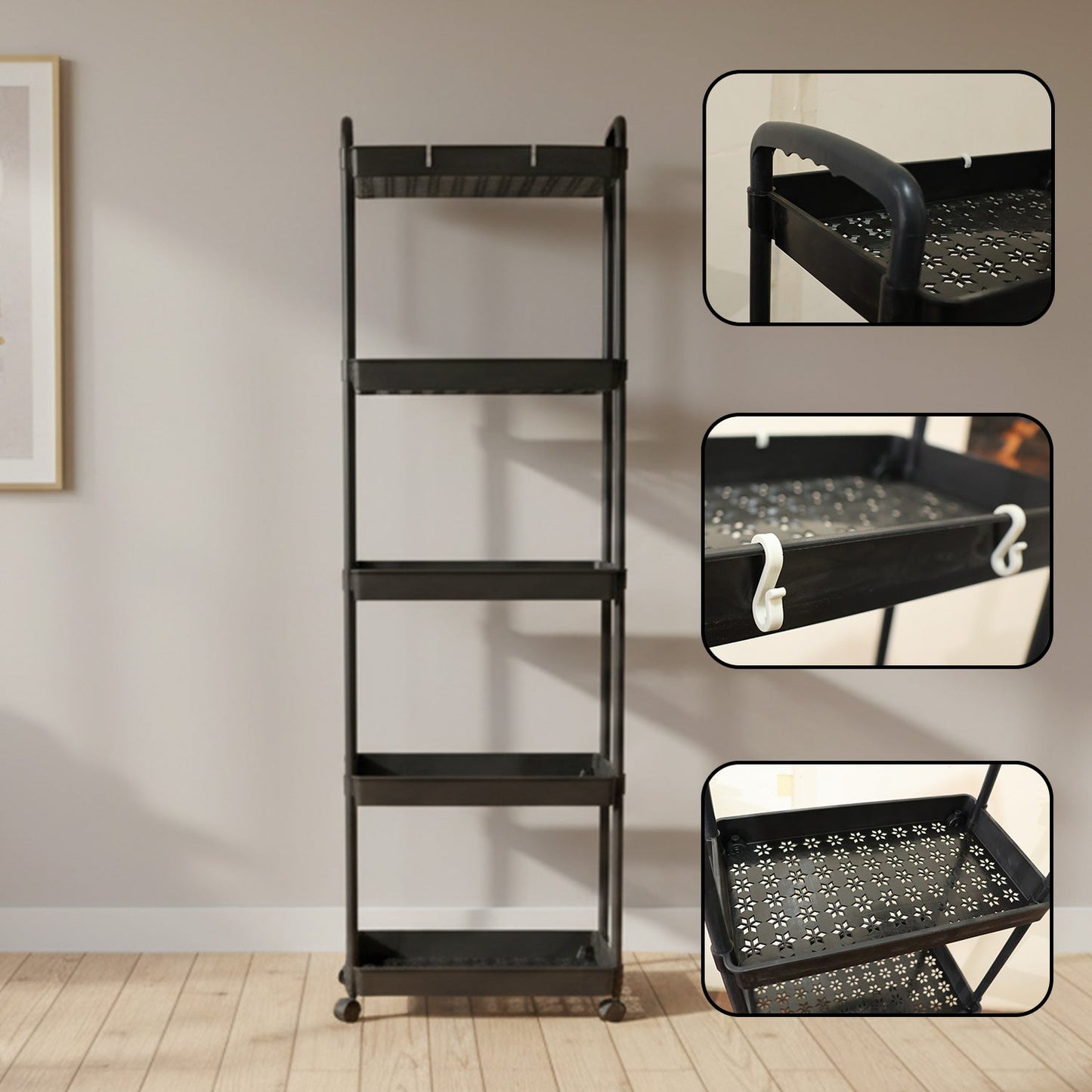 Rolling storage rack offering compact space-saving vertical shelving