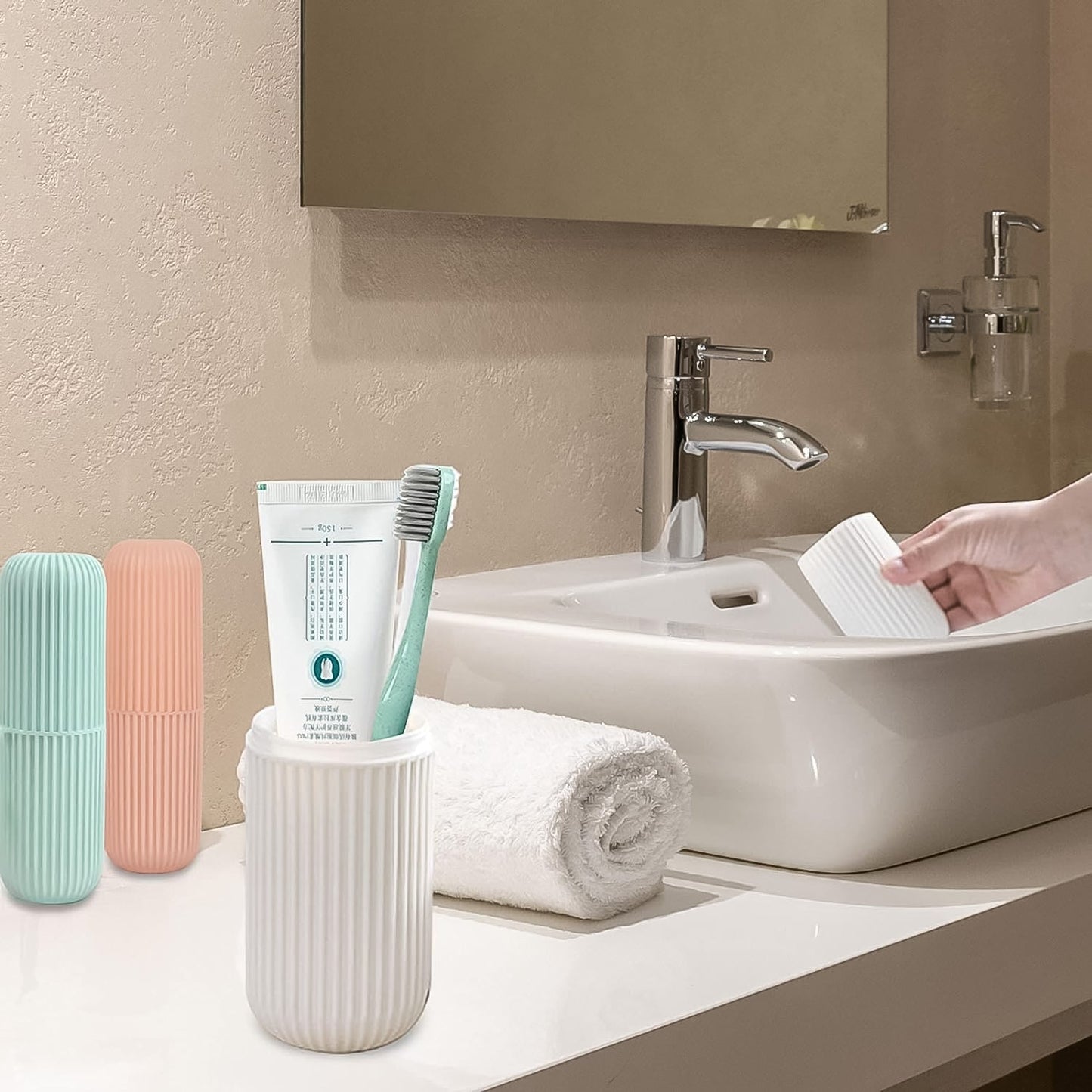 Blue travel toothbrush holder securely containing a toothbrush and toothpaste.