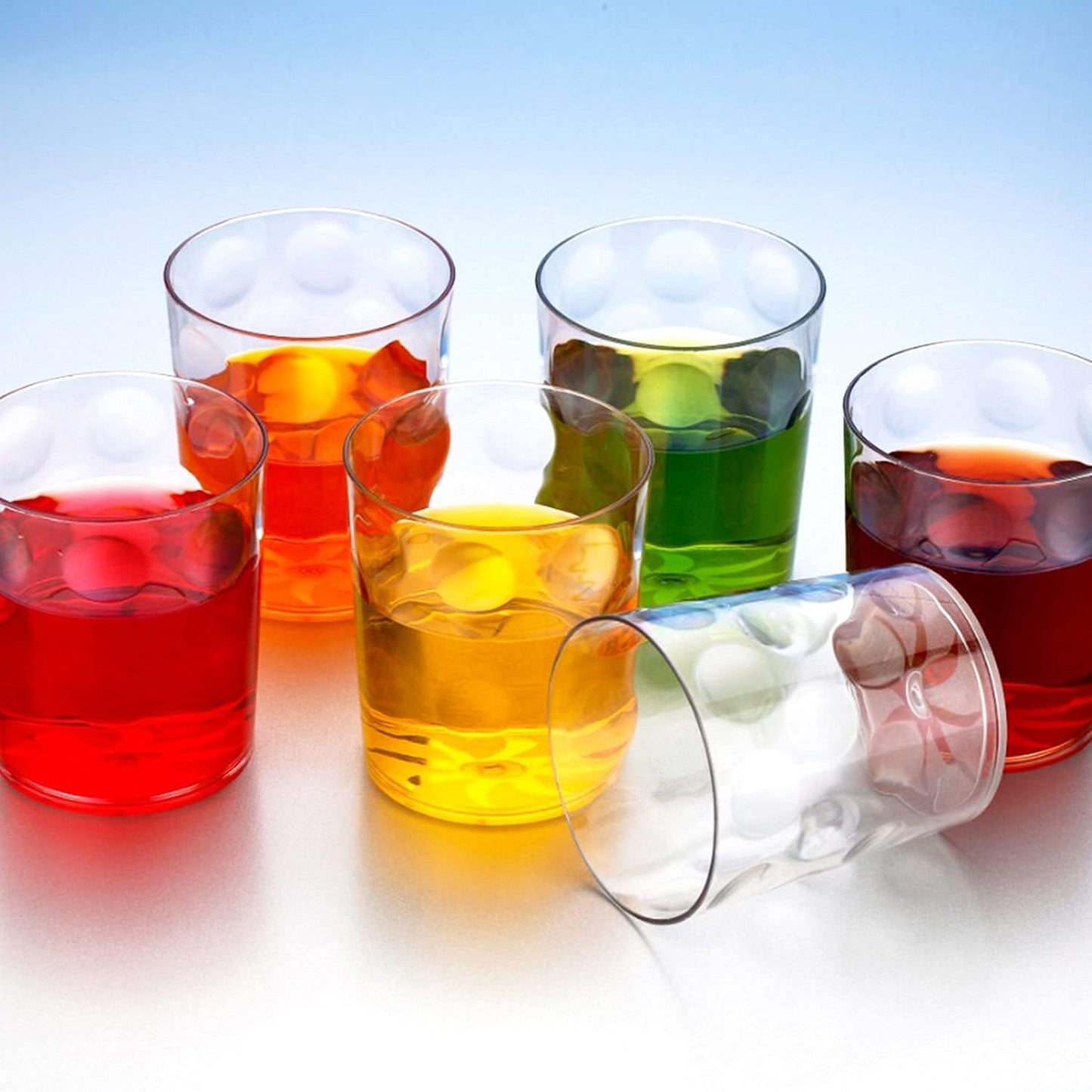 Set of six clear polycarbonate unbreakable drinking glasses with bubble texture.