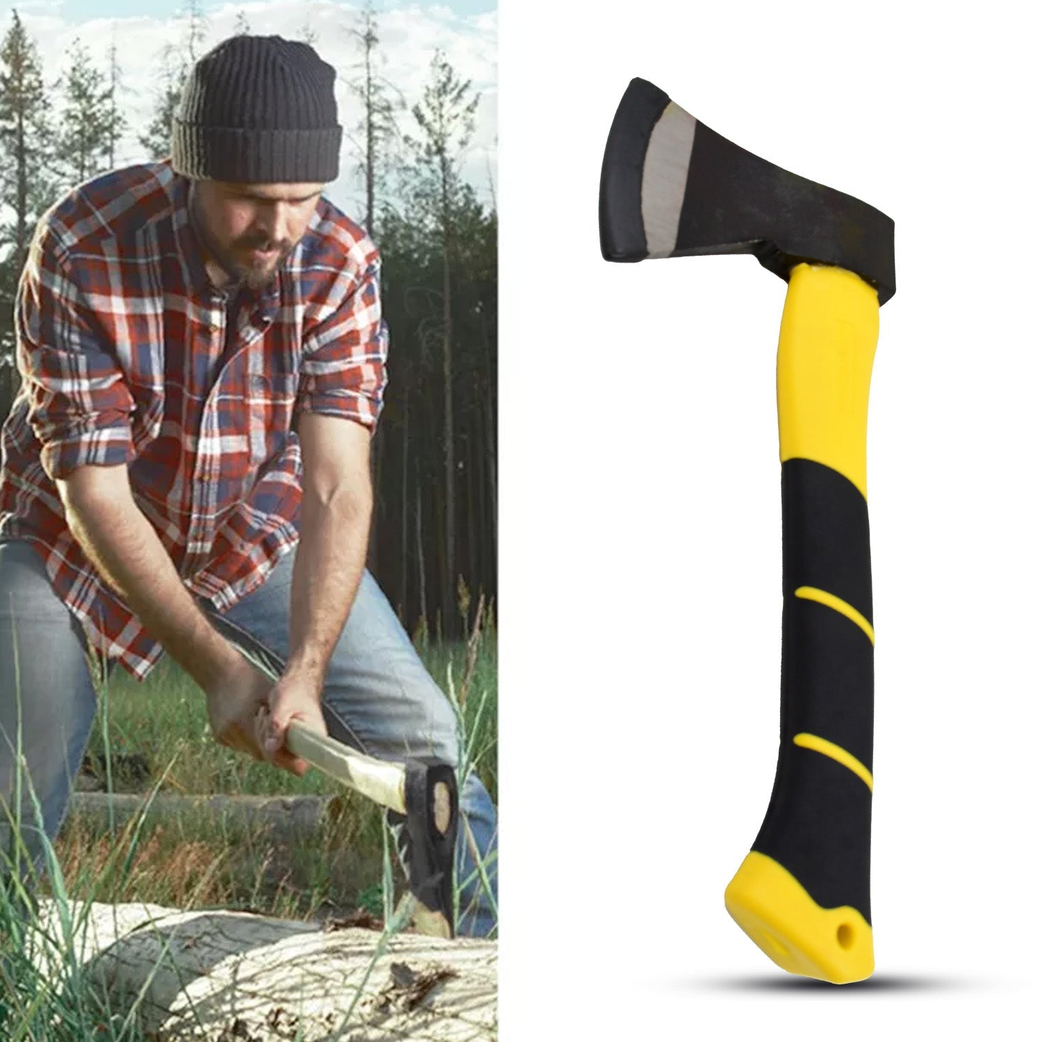 Hatchet Axe with a protective sharp edge cover for safety.