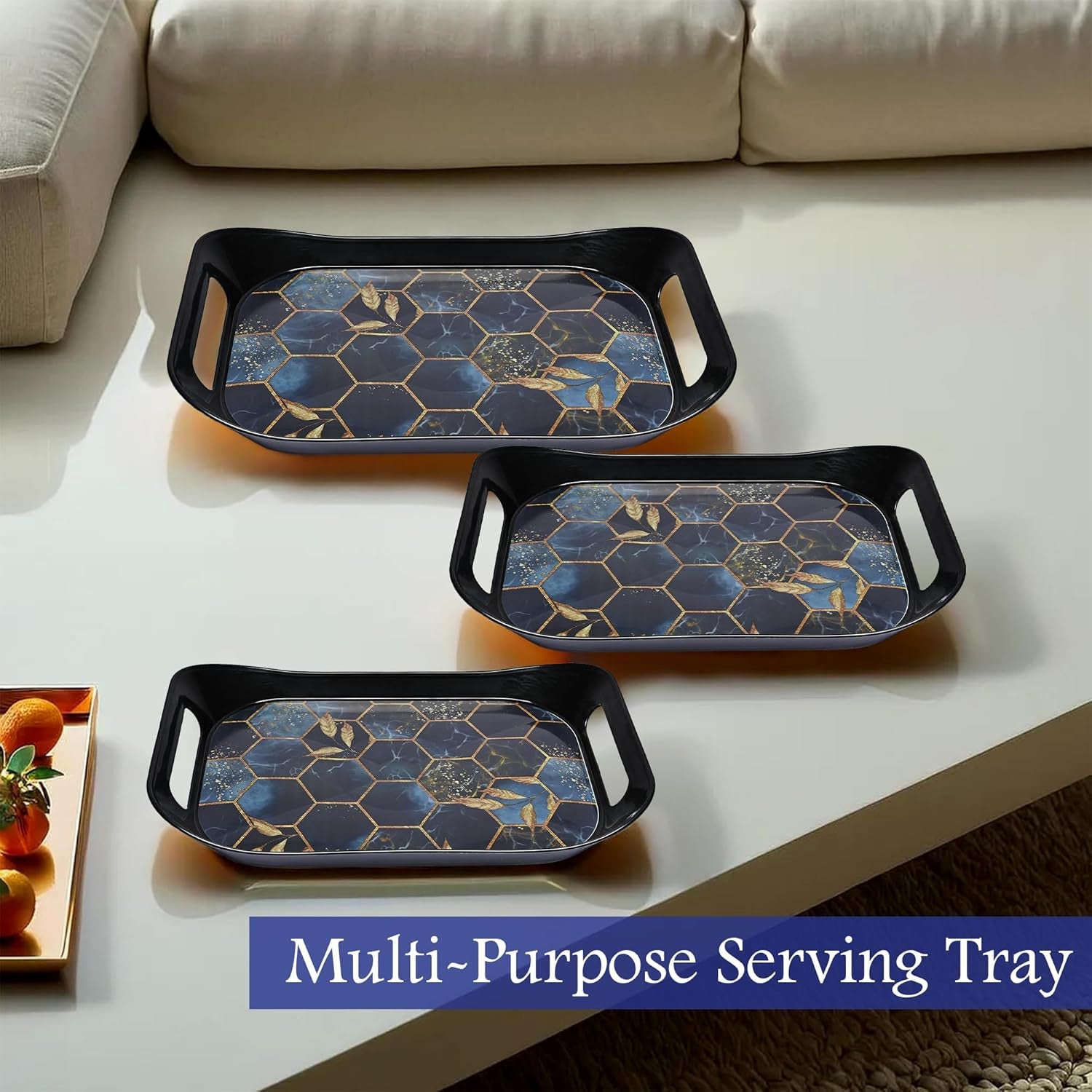 Set of premium plastic serving trays with hexagonal golden accent pattern