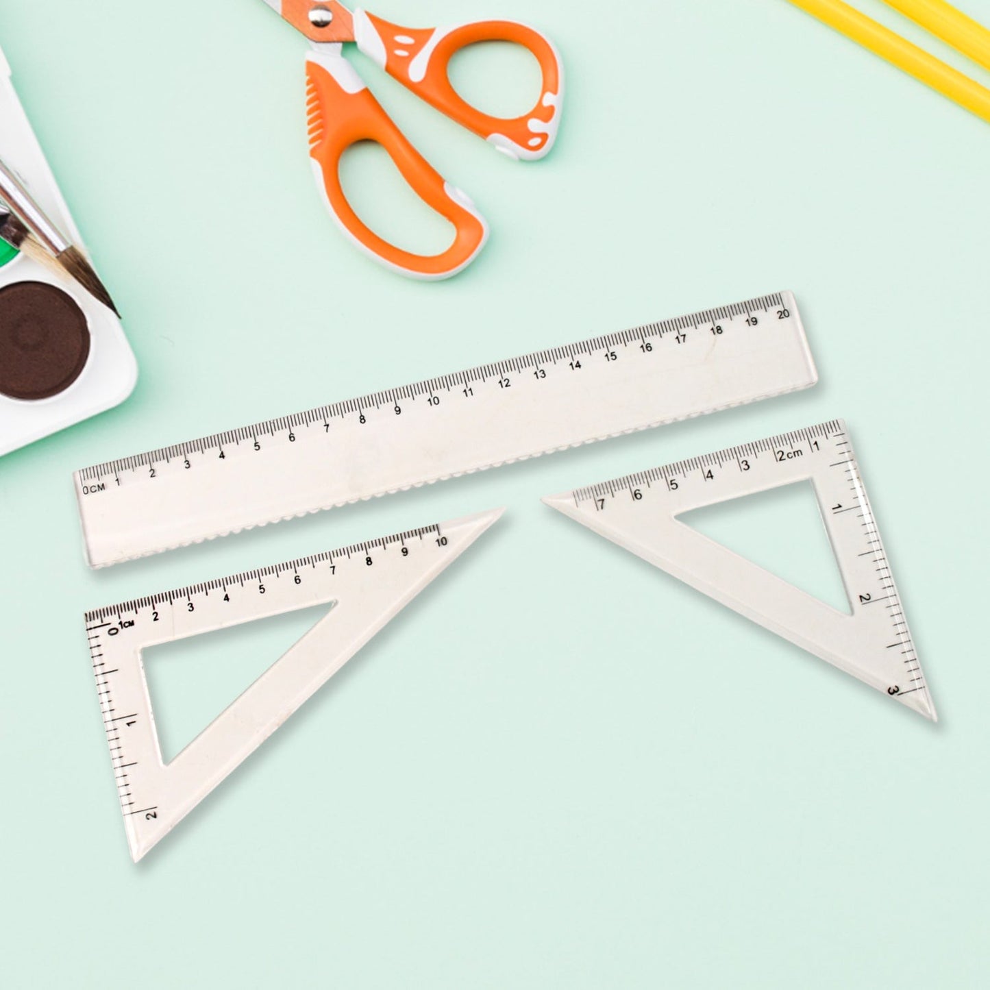 All-in-one kids stationery kit including ruler and geometry set squares