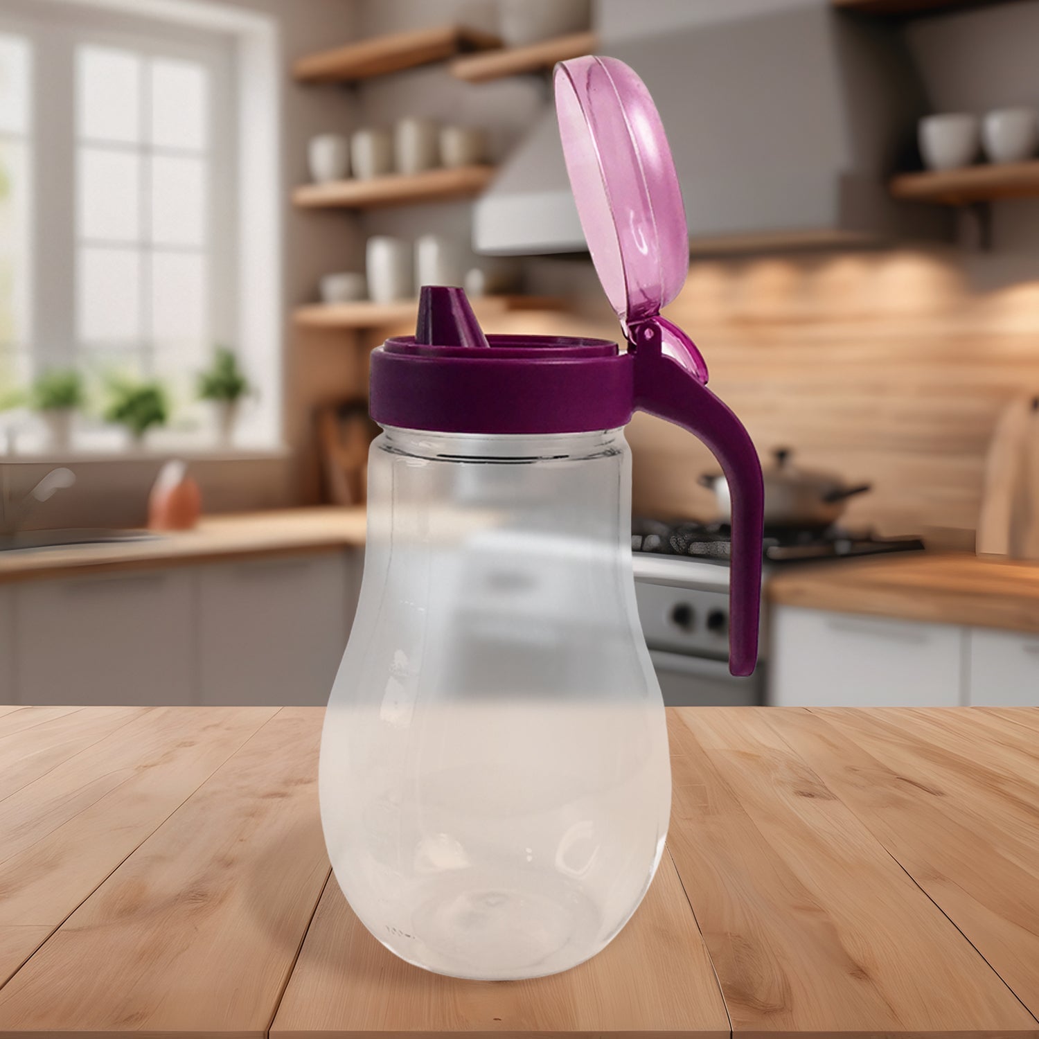 Wide mouth 1000ml oil and juice pourer bottle with flip-top lid