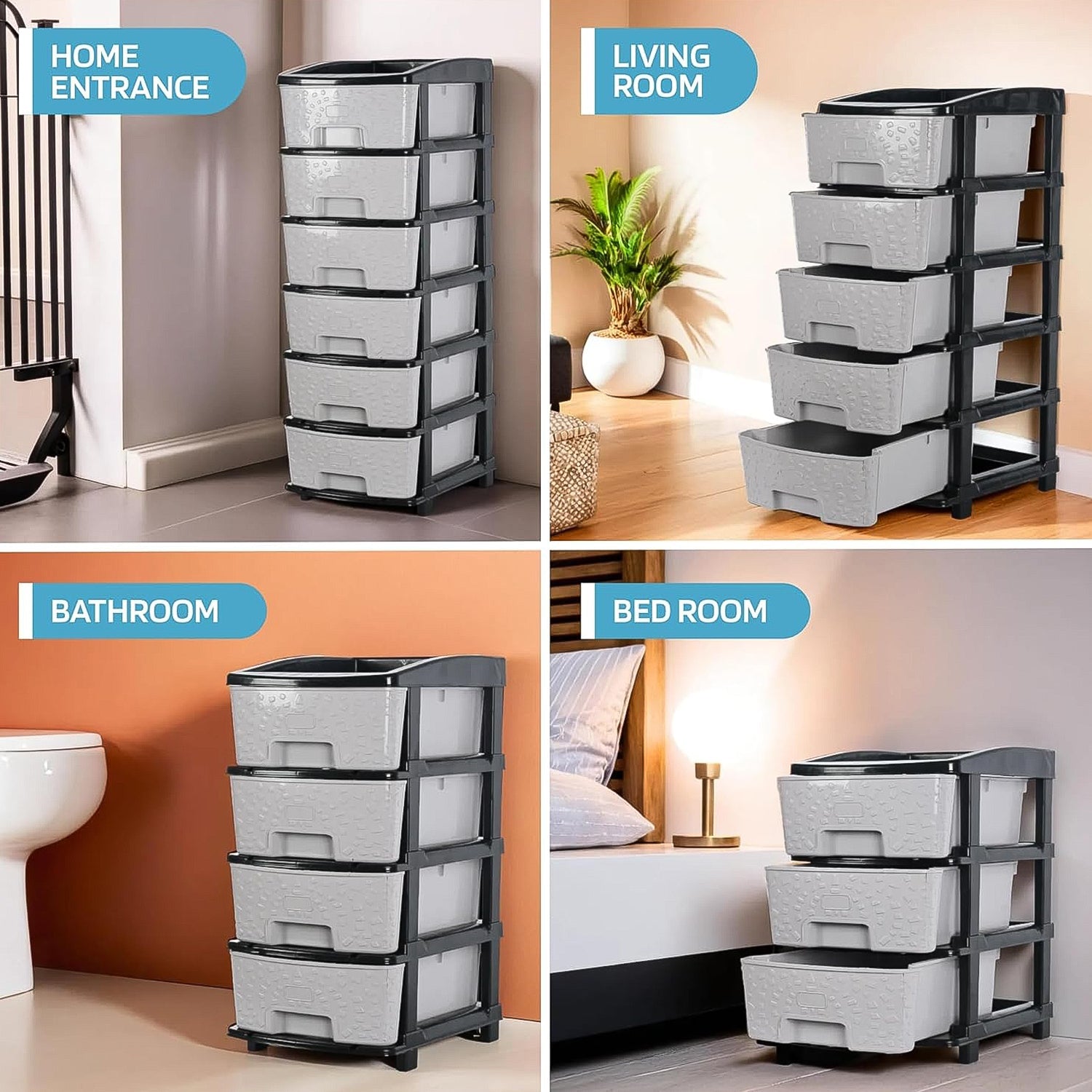 Front view of 6-layer plastic drawer organizer with stone texture and sturdy black frame