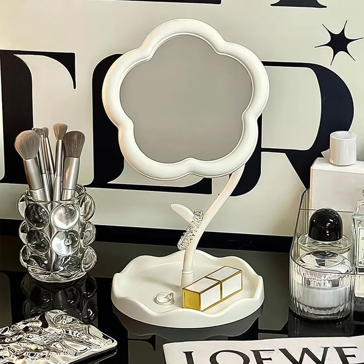 Decorative flower-shaped desktop mirror enhancing room beauty and function