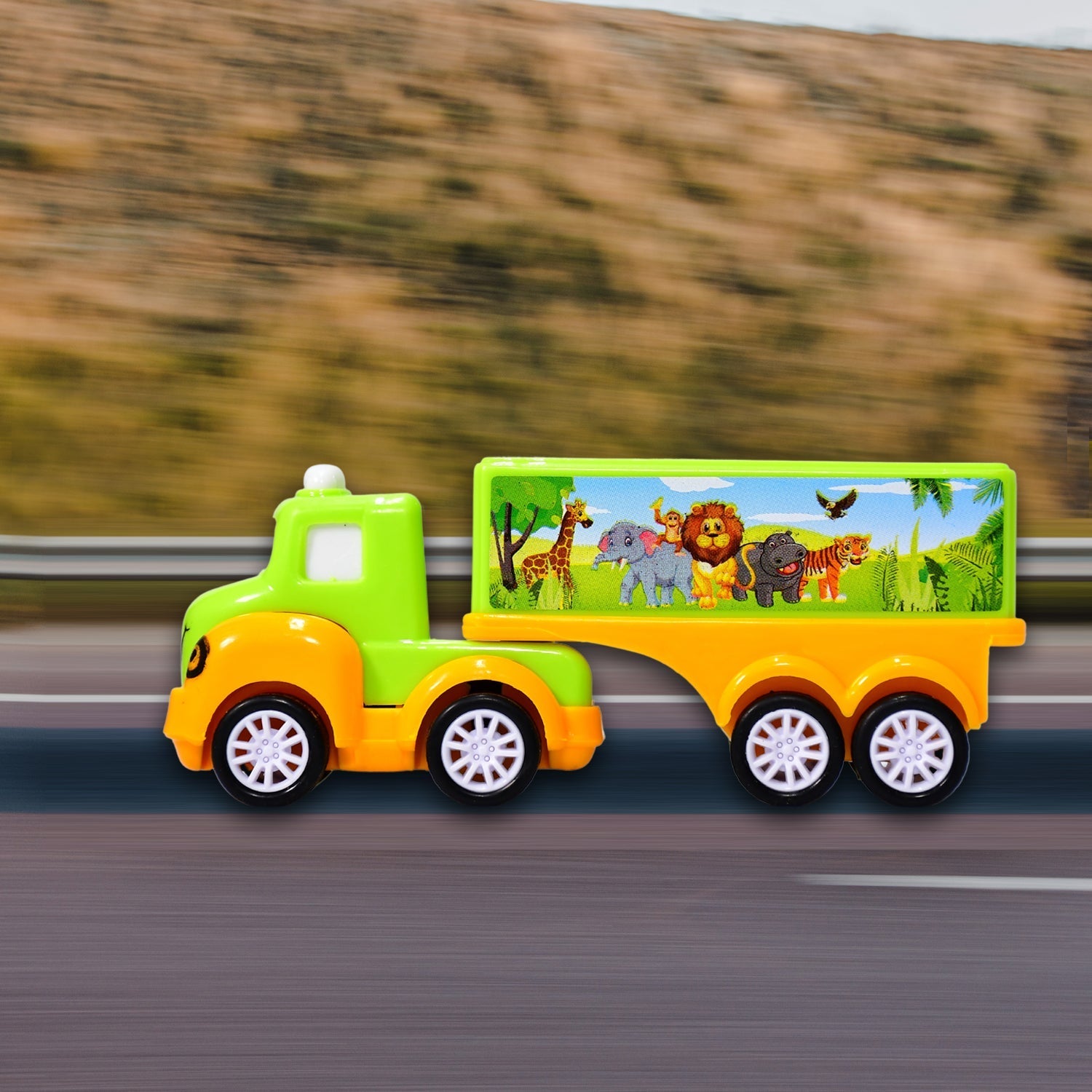 Top-down view of the engaging green and yellow kids' truck.