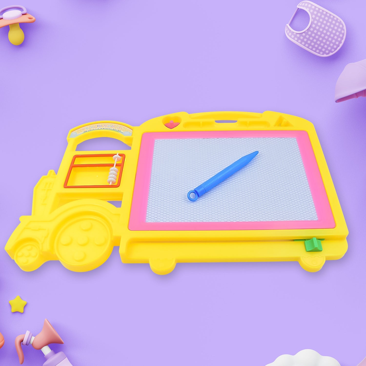 A child's hand drawing on a bus-shaped Kids Drawing Board with the included pen.