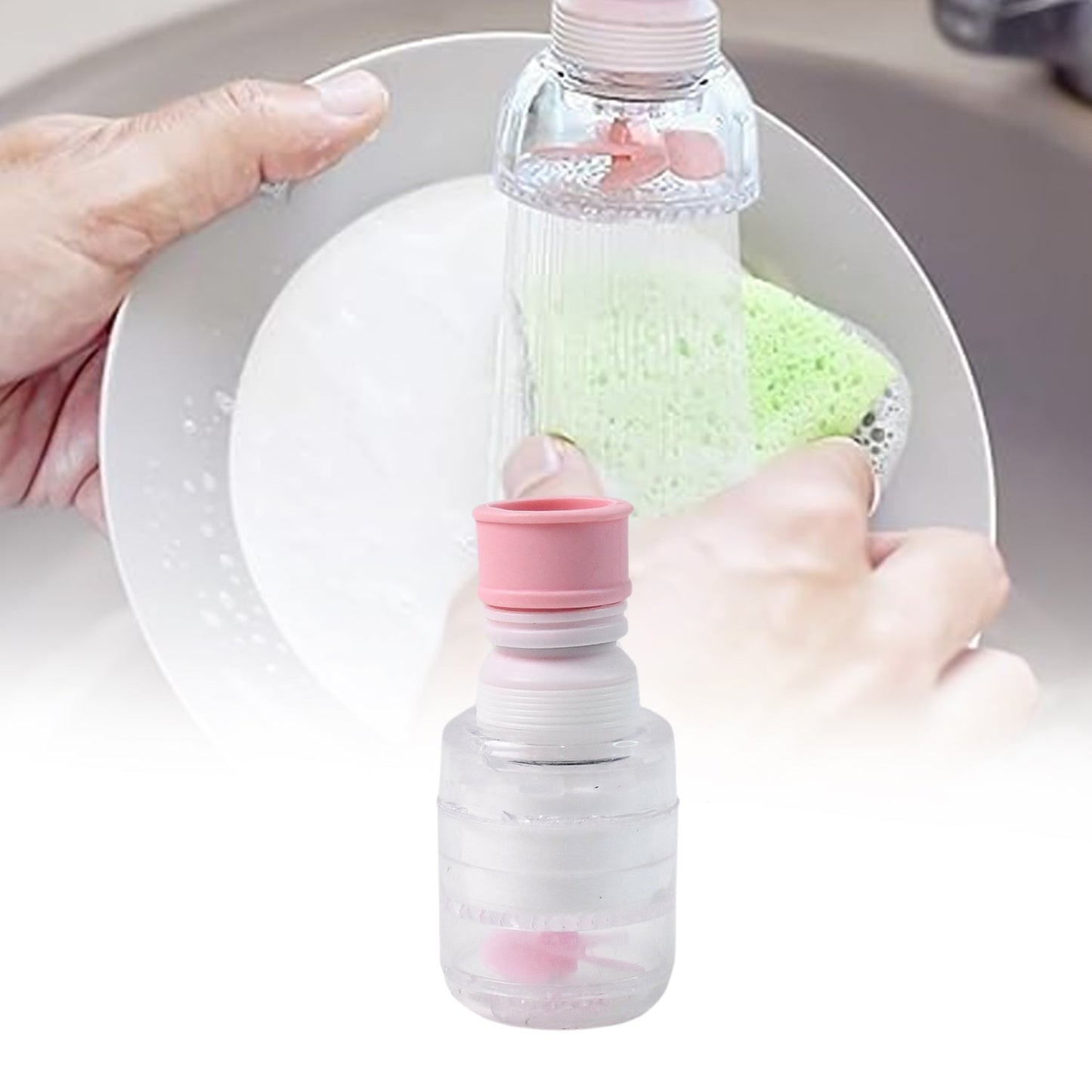 Smart stream faucet aid attached to tap illustrating splash reduction