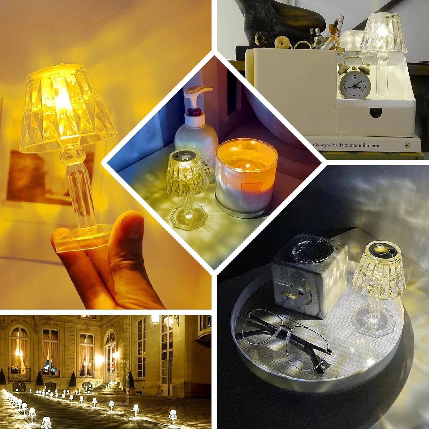 Detail shot of the clear acrylic and crystal design of the LED table lamp.