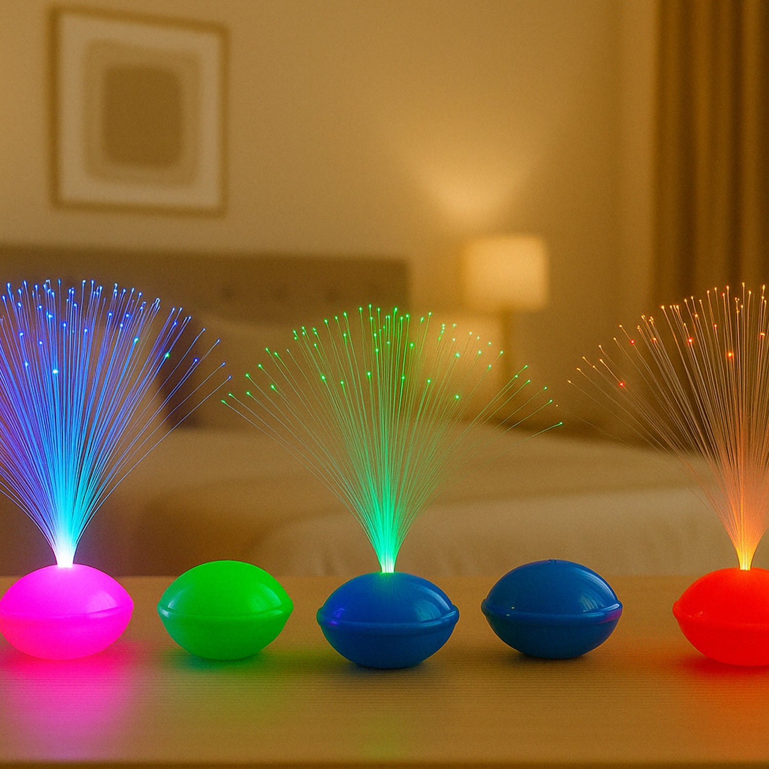 Fiber Optic LED Night Lamps Set creating colorful ambient glow