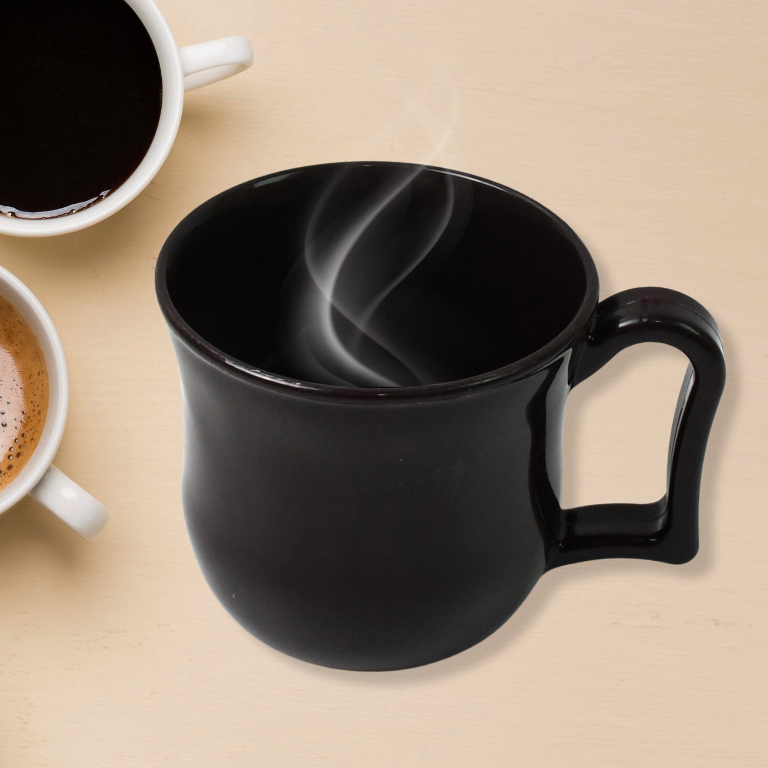 Close-up of the smooth, matte finish of a durable black plastic coffee mug.