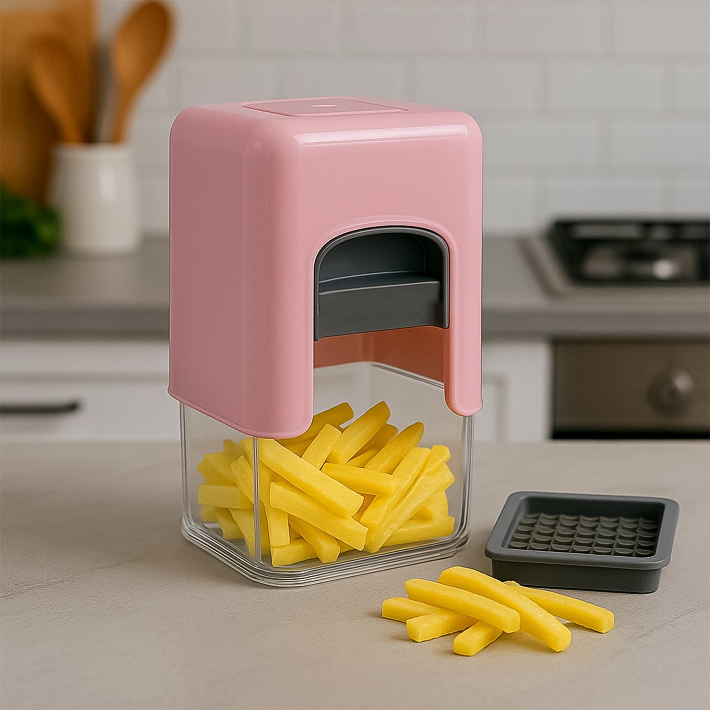 Potato chipser slicing potatoes for uniform French fries with dual blade set