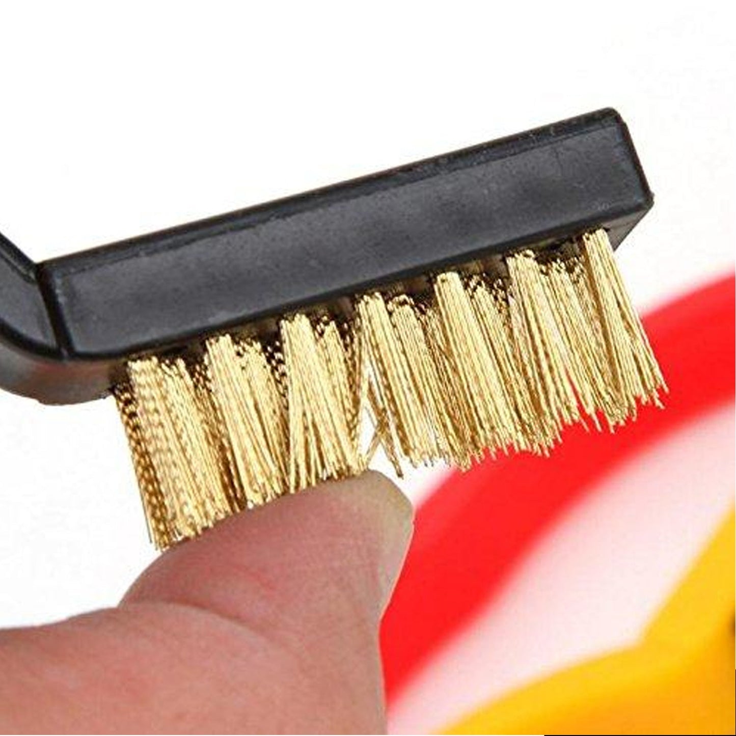 Three individual mini wire brushes, highlighting their distinct brass, nylon, and stainless steel bristle types.