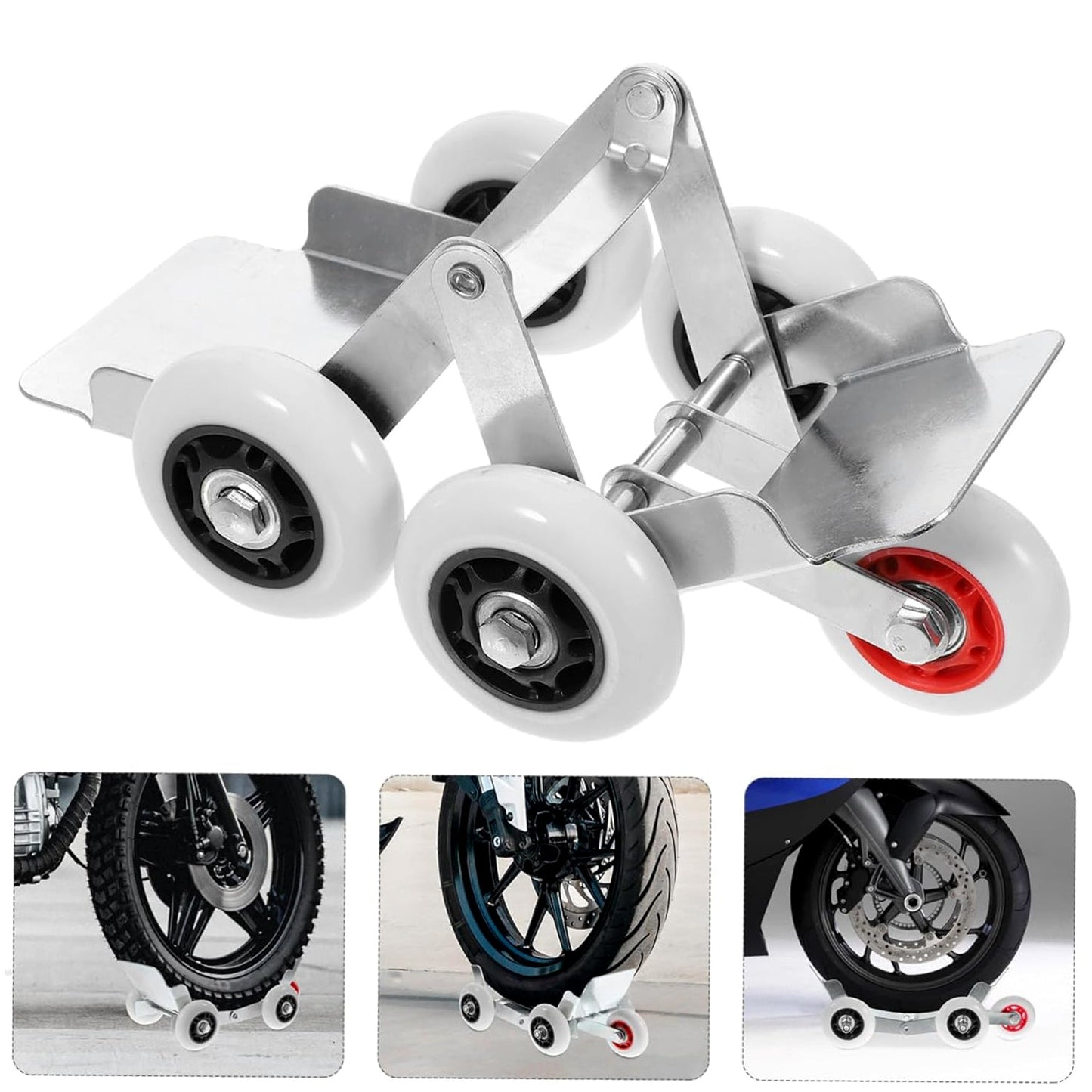 Motorcycle front wheel parking roller stand showing slip-resistant surface support